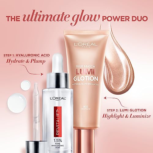 L'Oreal Paris Revitalift 1.5% Pure Hyaluronic Acid Face Serum 1.0 oz + True Match Lumi Glotion Natural Glow Enhancer Lotion, Medium 1.35 fl. oz, 1 kit