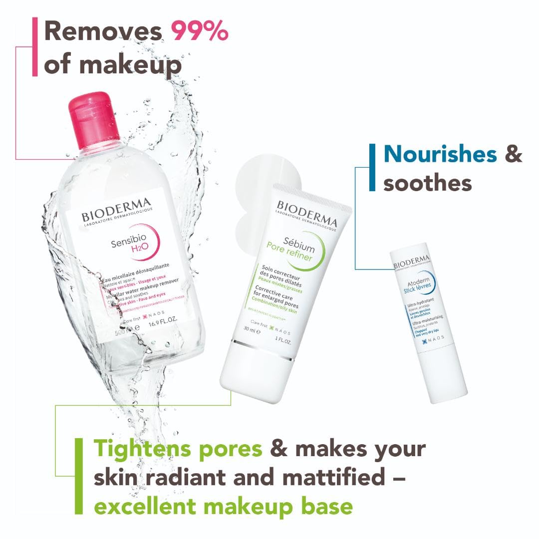 Bioderma Sensibio H2O 500ml + Sébium Pore refiner + Atoderm Lipstick - Makeup Essentials Bundle