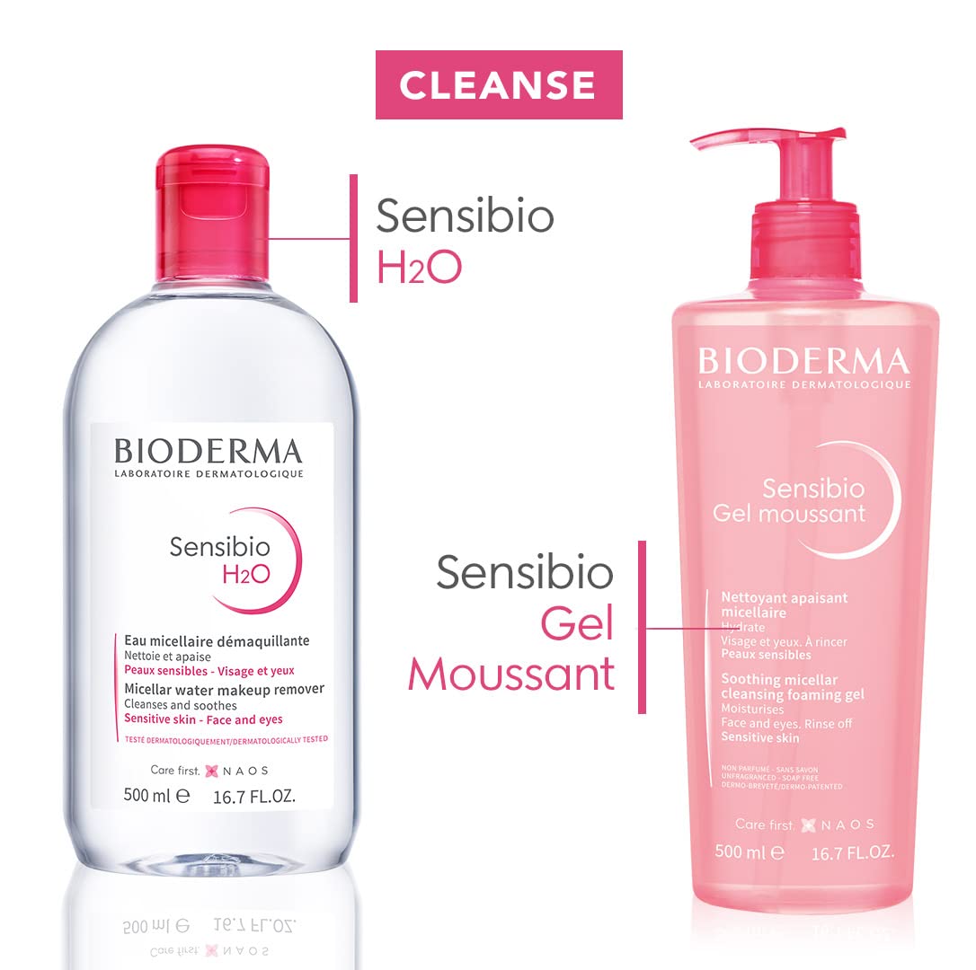 Bioderma Sensibio H2O Micellar Water Pump, Makeup Remover Cleanser, Gentle for Skin, Fragrance-Free & Alcohol-Free, Gentle Face Cleanser for Sensitive Skin, 16.9 Fl Oz