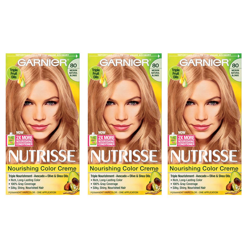 Garnier Nutrisse Nourishing Hair Color Creme, 80 Medium Natural Blonde (Butternut), 3 Count (Packaging May Vary)