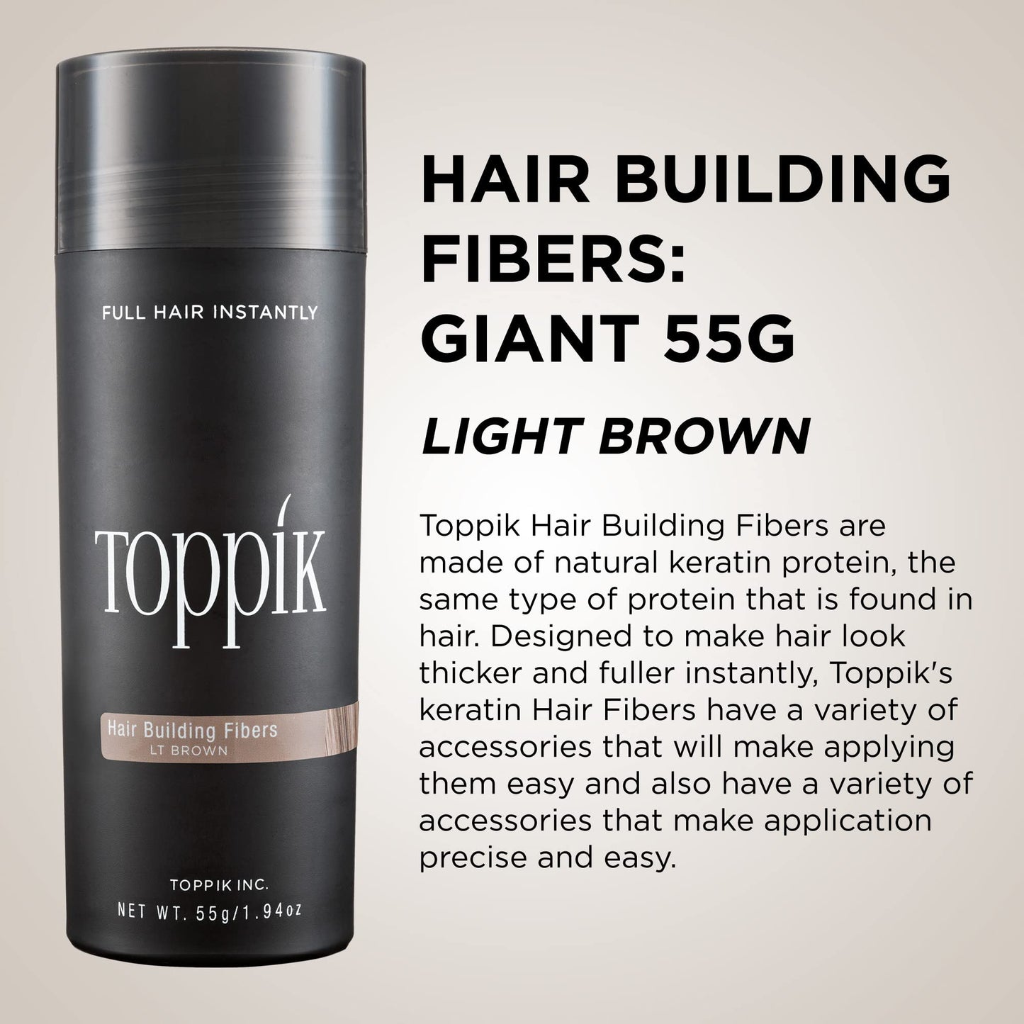Toppik Hair Building Fibers, Light Brown, 55g Fill In Fine or Thinning Hair, Instantly Thicker, Fuller Looking, 9 Shades for Men & Women, Keratin Protein Formula