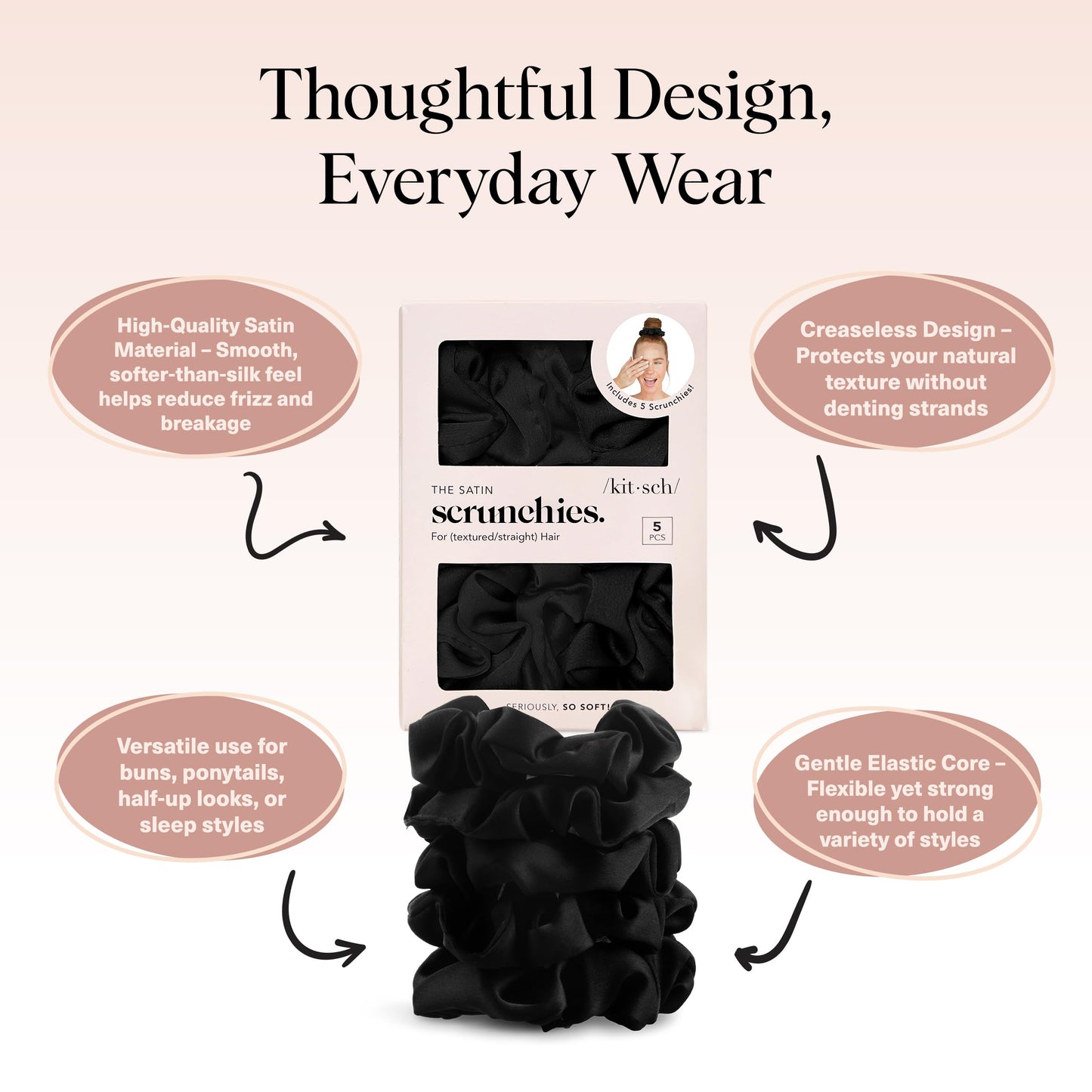 Kitsch Satin Scrunchies for Women – No Crease Hair Ties – Soft Satin Hair Scrunchies for Girls – Frizz Free, Gentle, Stylish Hair Accessories – Black, 5 pcs