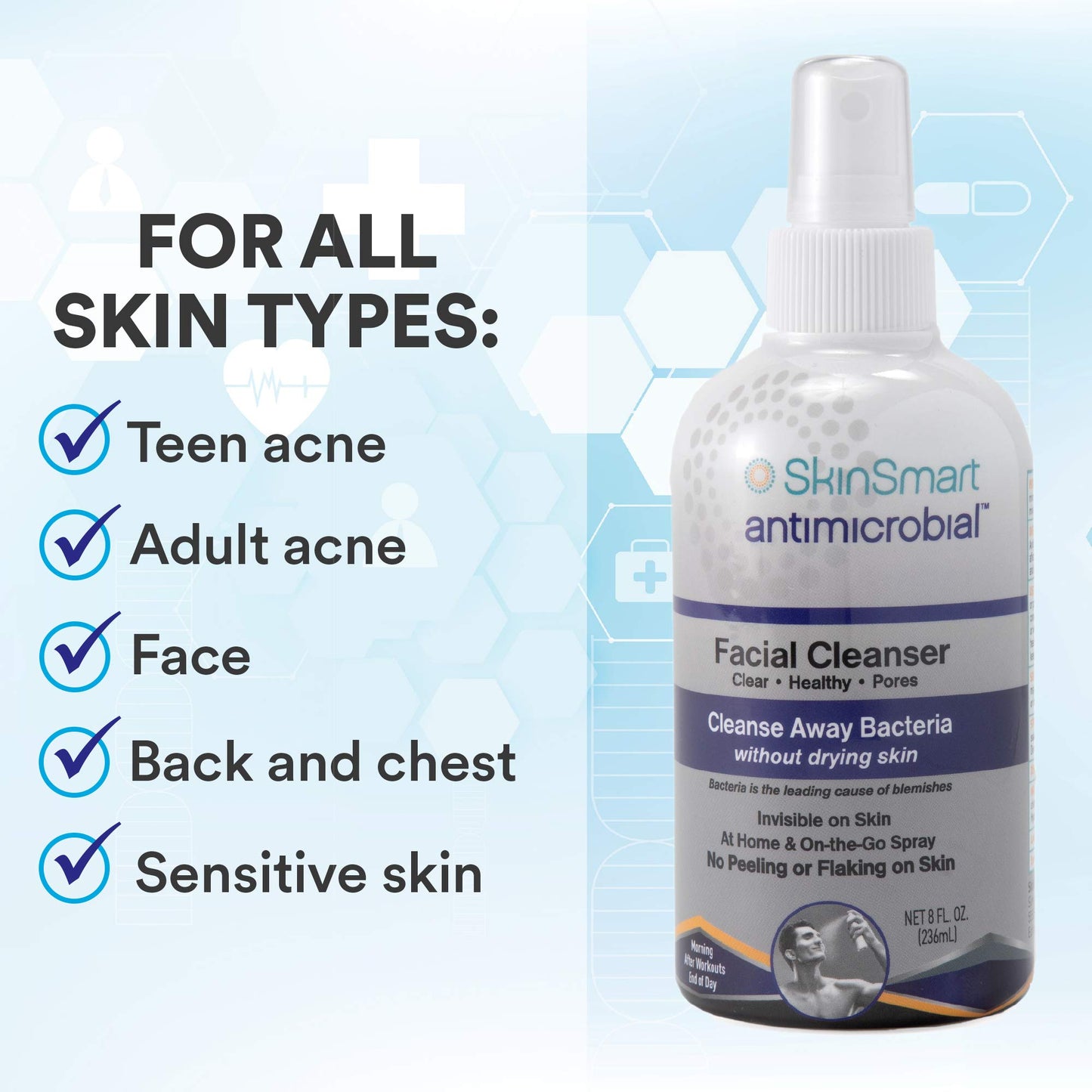 SkinSmart Facial Cleanser for Breakouts, Targets Bacteria for Post-Workout Pimples, Blemishes and Sweat Irritation; 8 oz Spray, Safe for All Ages: Adults and Teens