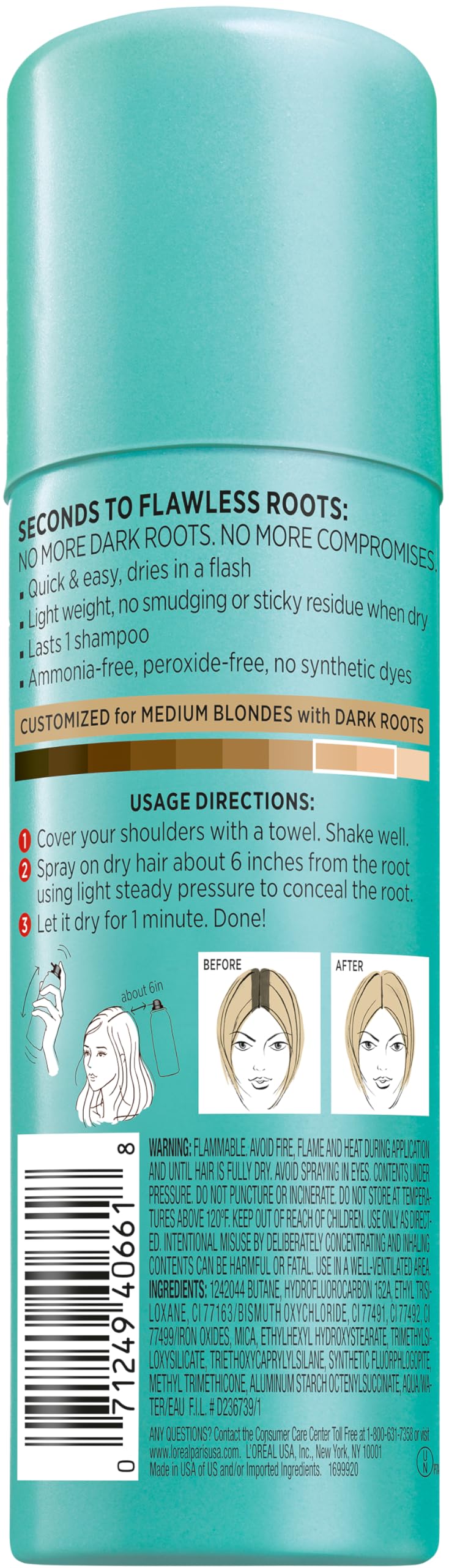 L'Oreal Paris Magic Root Cover Up Concealer Spray for Blondes, Medium Blonde, 2 fl. oz., Ammonia and Peroxide Free, Suitable for Medium Blonde Hair Color