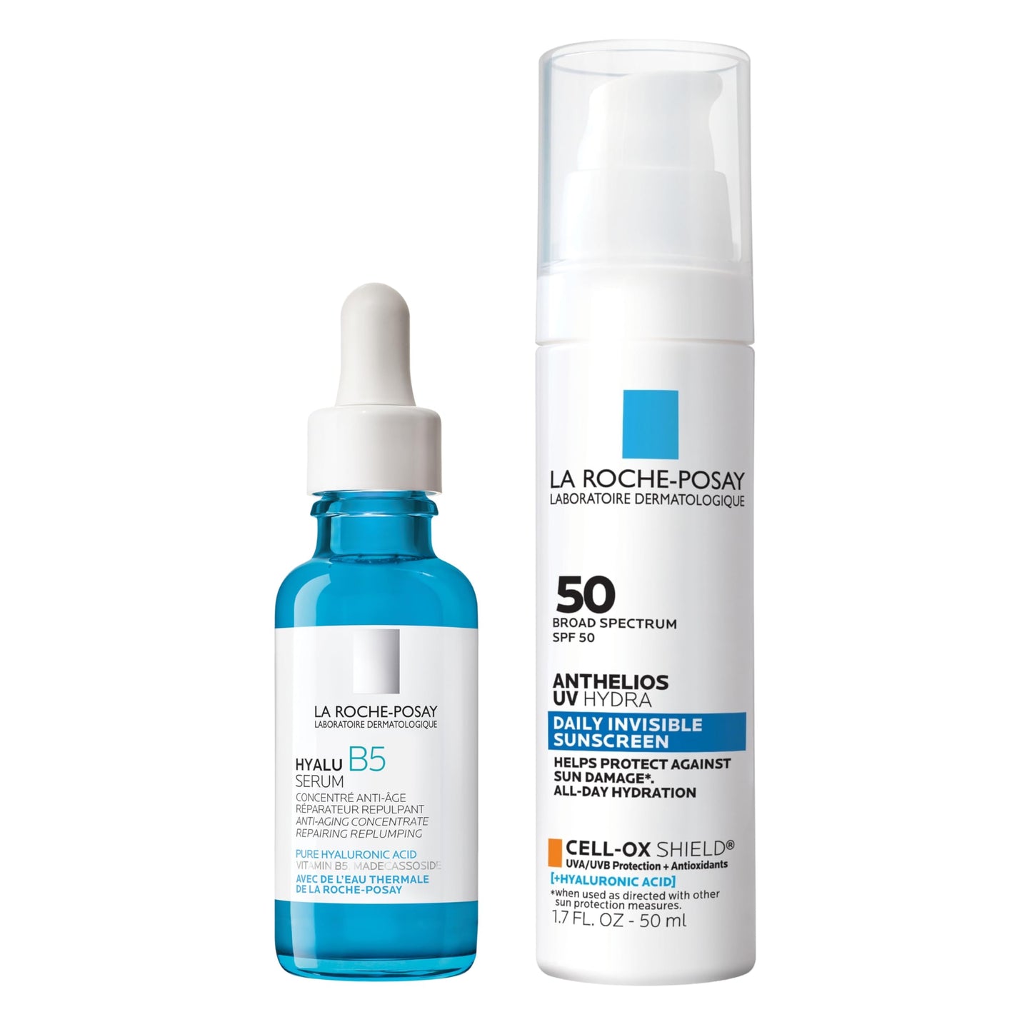 Bundle of La Roche-Posay Hyalu B5 Pure Hyaluronic Acid Serum for Face, Hydrating Serum, Plumps Skin + Anthelios UV Hydra Sunscreen SPF 50, Daily Hydrating Broad Spectrum Invisible SPF Protection
