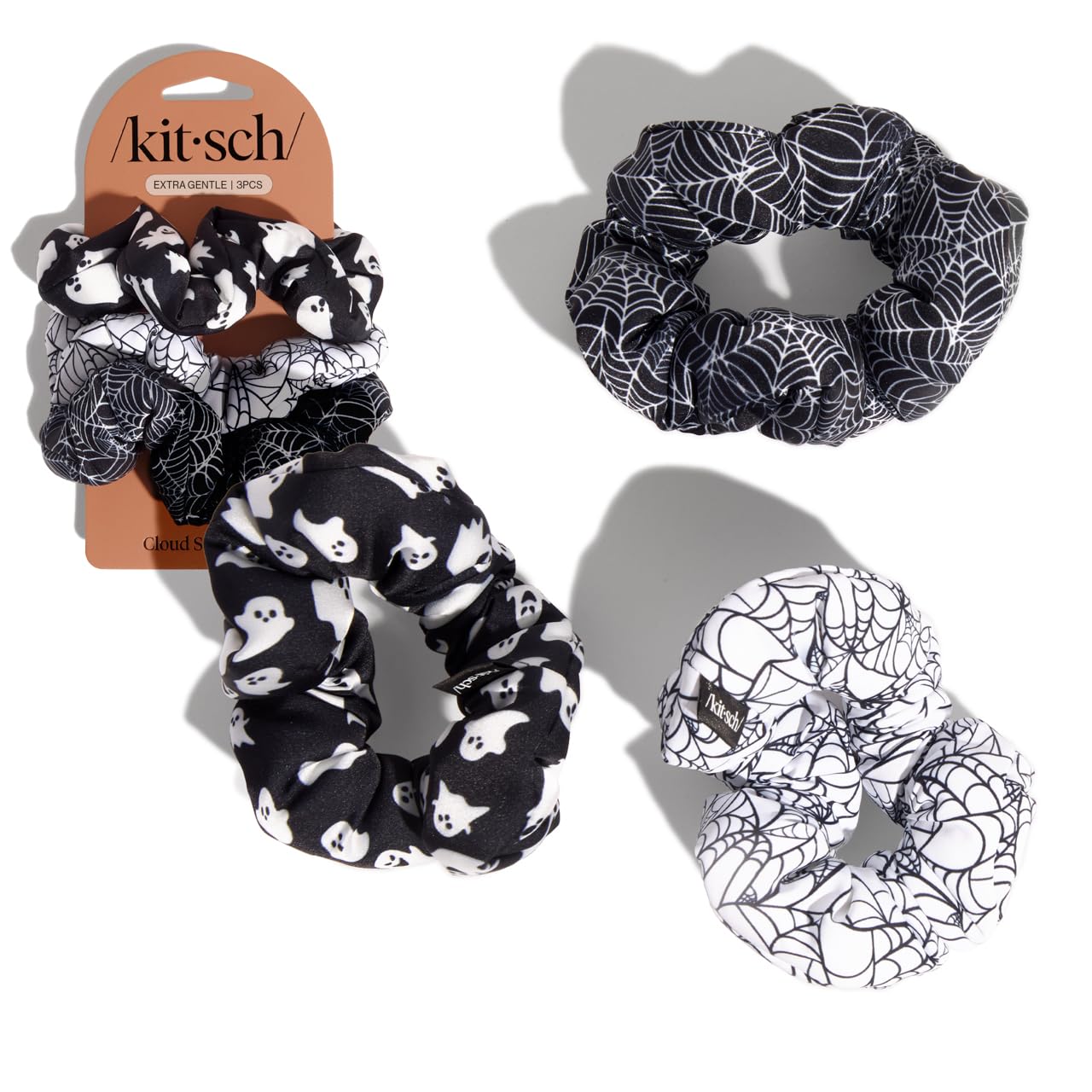 Kitsch Recycled Fabric Cloud Scrunchies – Halloween Hair Scrunchies for Women’s Hair – Spiderweb Design Hair Ties – Festive Hair Accessories & Halloween Accessories - 3pc Set