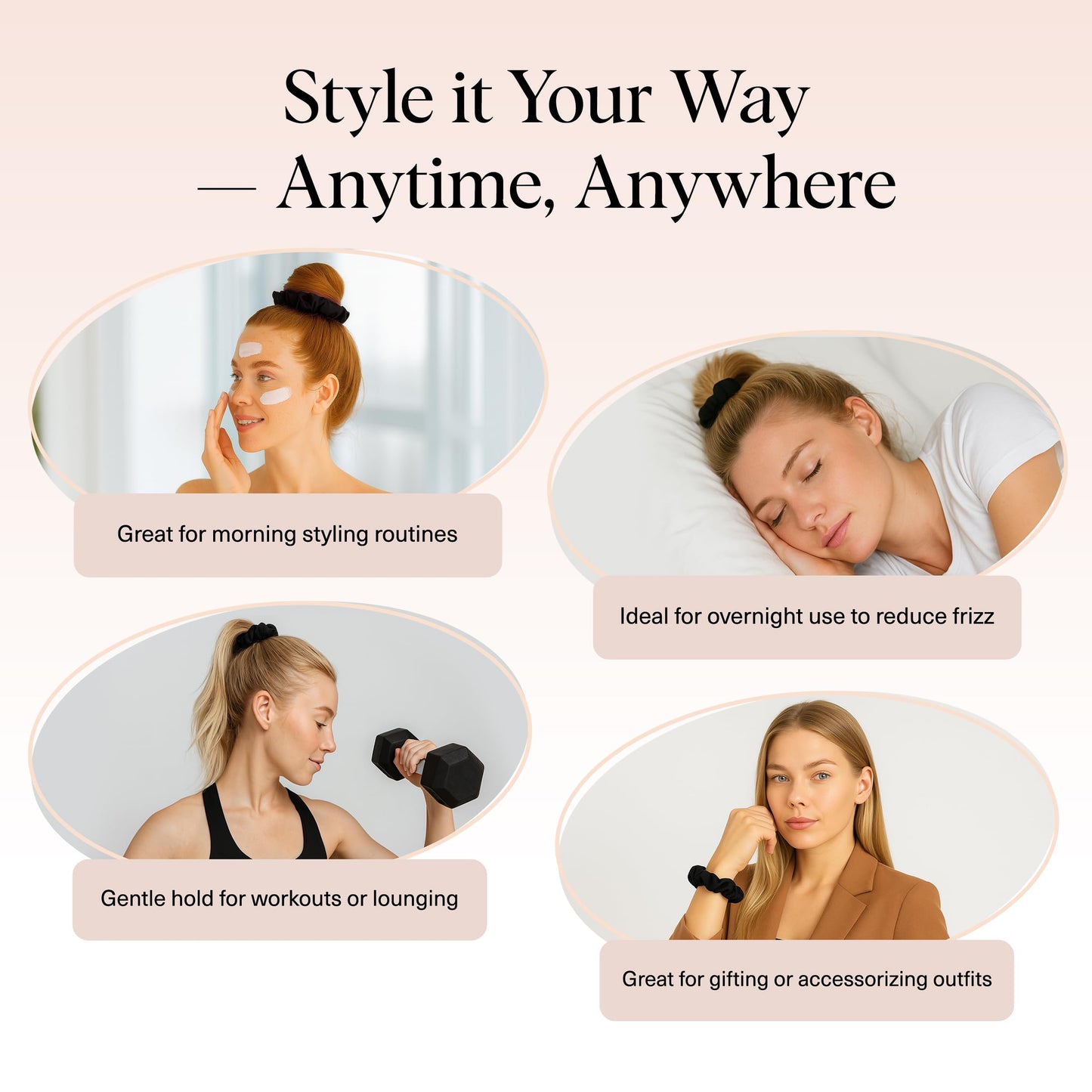Kitsch Satin Scrunchies for Women – No Crease Hair Ties – Soft Satin Hair Scrunchies for Girls – Frizz Free, Gentle, Stylish Hair Accessories – Black, 5 pcs