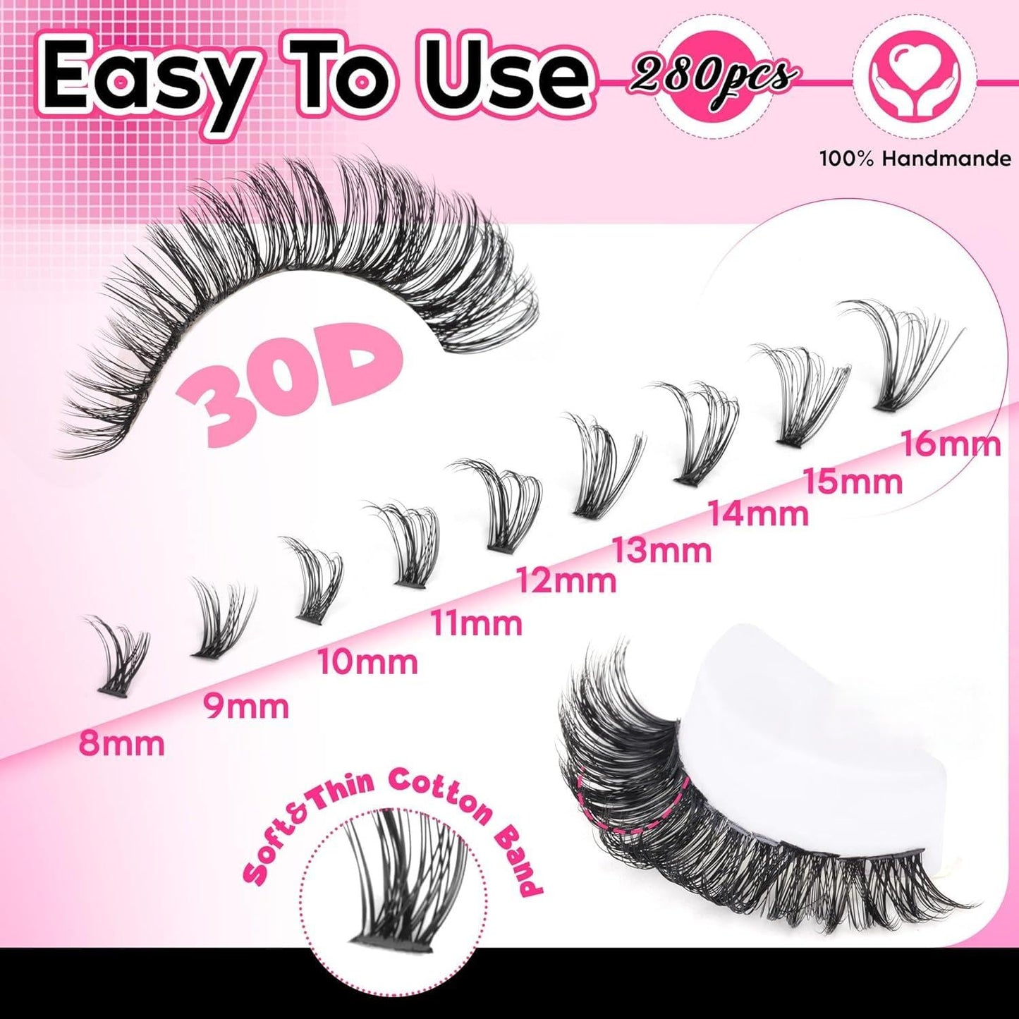 FANXITON Lash Clusters 280 Pcs Wispy Lash Clusters D 8-16 MM Natural Eyelash Clusters 30D Individual Eyelash DIY Lash Extensions at Home (30D)