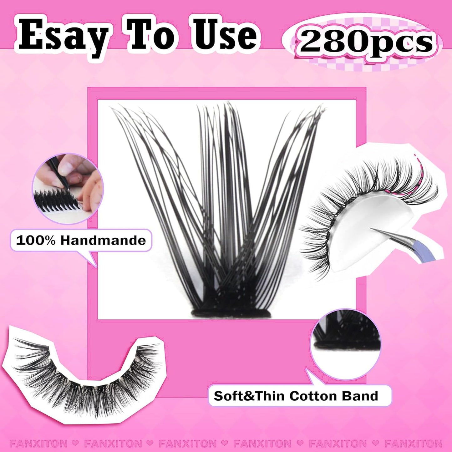 FANXITON DIY Lash Extension Kit Volume Lash Clusters 40D+50D D Curvature Individual Lashes Lash Clusters Kit Thick Eyelash Extension Kit 280 pcs Thin Band Cluster Lashes Lash Bond and Seal Tweezers
