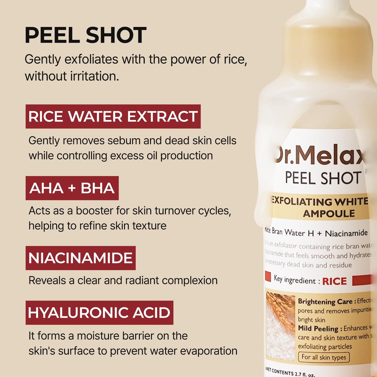 Dr.Melaxin Peel Shot Glow White Rice Peeling Ampoule, Soft Exfoliating Face and Body Scrub Dead Skin Cells Remover for All Skin Types korean skin care 80ml