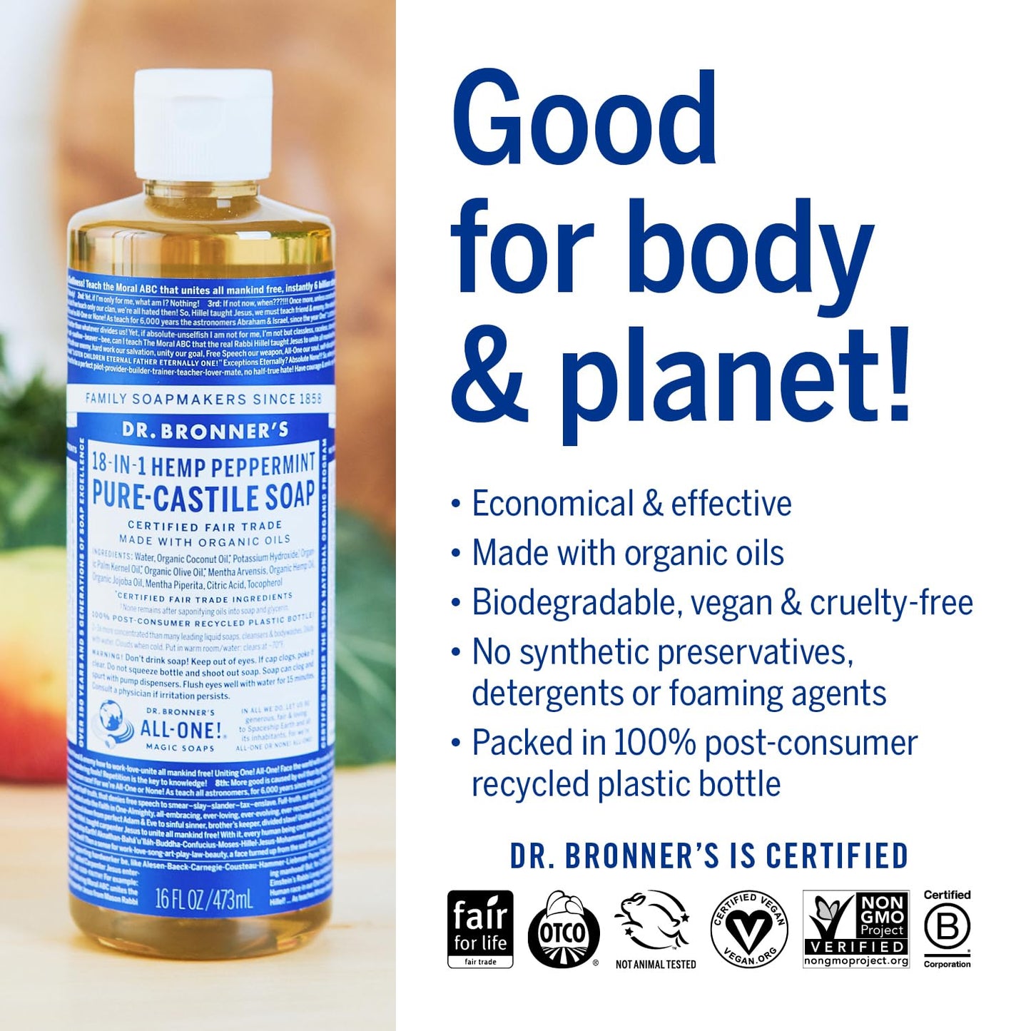 Dr. Bronner's Magic Soap-Pure-Castile Liquid Soap (Peppermint, 16 ounce, 2-Pack)-Regenerative Organic Certified Oils, 18-in-1 Uses: Body, Hair, Laundry, Pets & Dishes, Concentrated, Vegan, Non-GMO