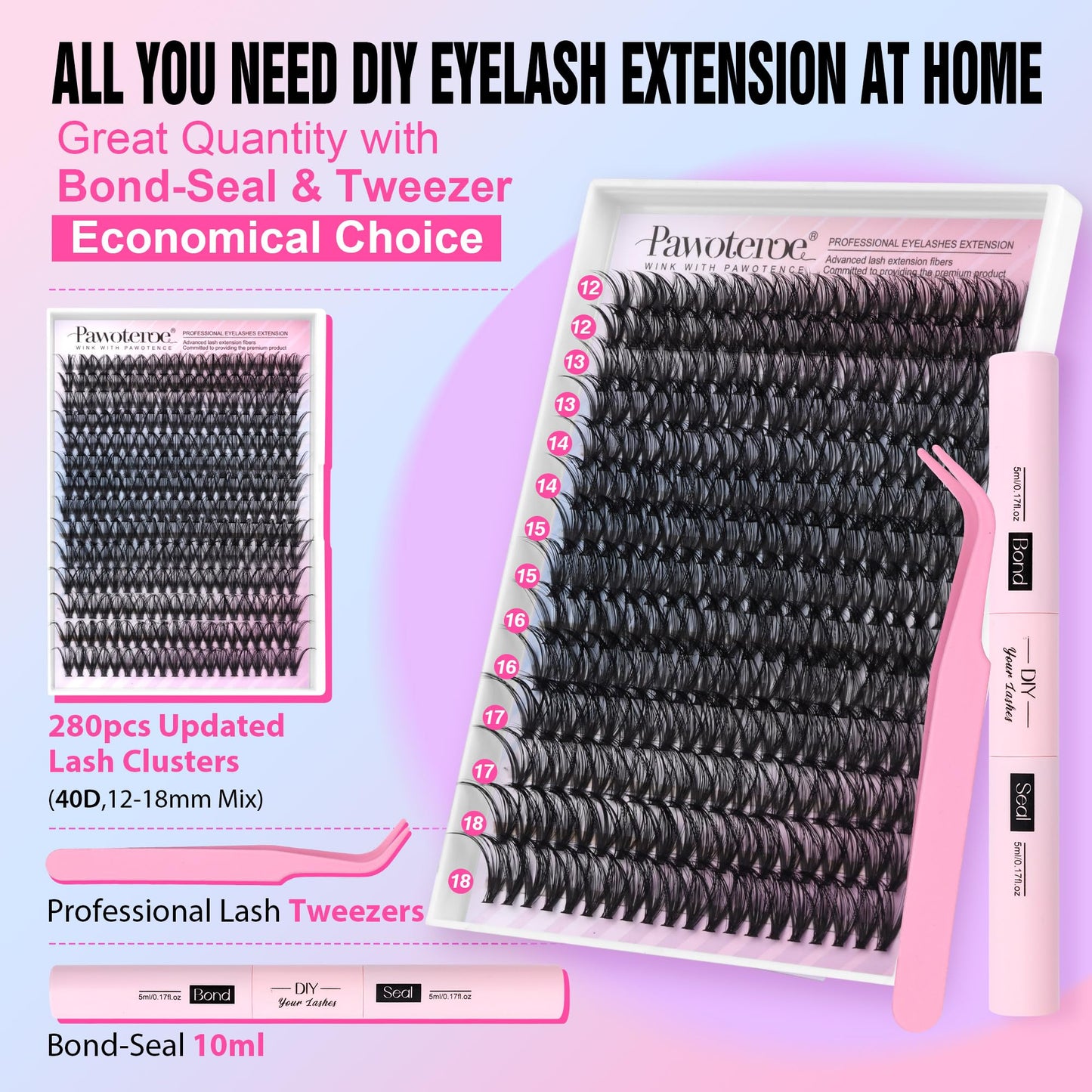 Pawotence Lash Extension Kit DIY 40D 12-18mm Individual Lashes Clusters Kit 280pcs Cluster Eyelash Extensions Kit with Lash Bond and Seal, Tweezers for Self Application (Long 40D, 12-18mm, Kit)