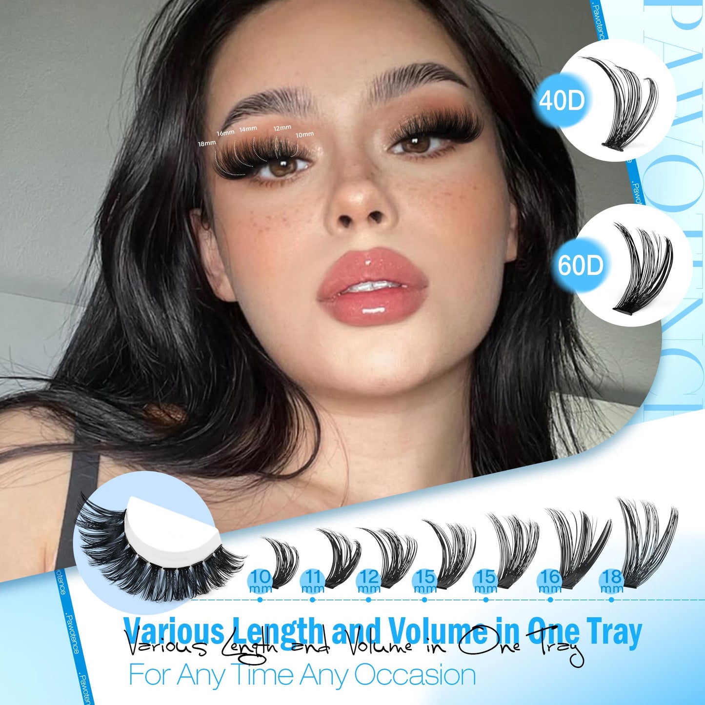 Pawotence Lash Clusters Kit 40D 60D Lash Extension Kit 10-18mm Cluster Eyelash Extension Kit Individual Lashes 280pcs Eyelash Clusters with Lash Bond and Seal, Lash Tweezers for Self Use