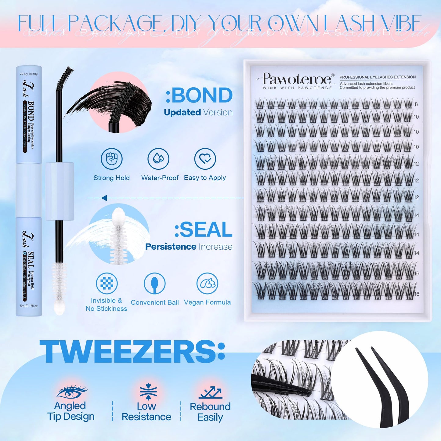 Pawotence Lash Clusters Kit Wispy Lash Extension Kit Natural 180pcs Cluster Eyelash Extensions Kit Individual Lashes 8-16mm Eyelash Clusters Kit with Lash Cluster Bond Seal and Lash Tweezers