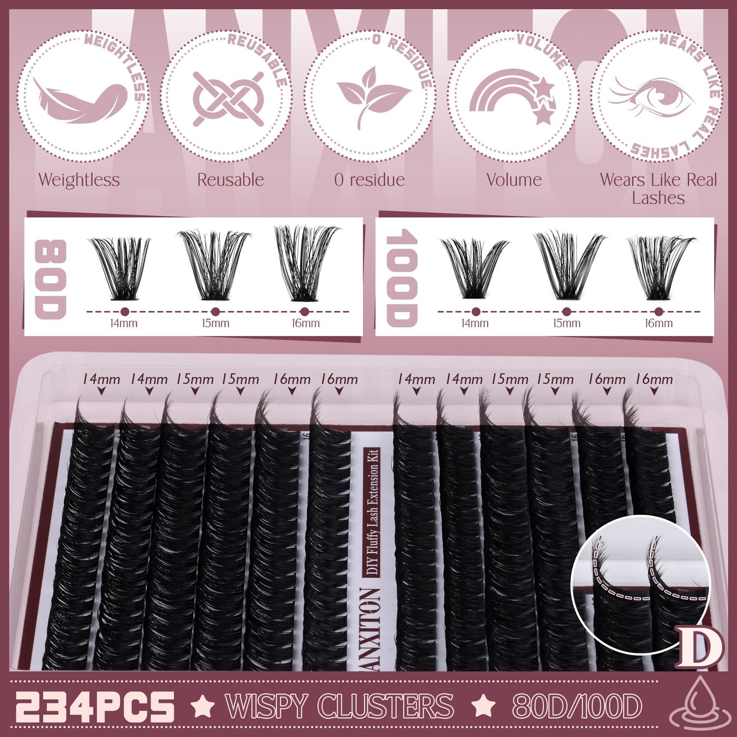 Cluster Lashes Volume Lash Clusters D Thick Eyelashes Extensions 14-16mm Mix 80D+100D Individual Lashes Thin Band Lash Bond and Seal Tweezers for DIY Lash Extension Beginners