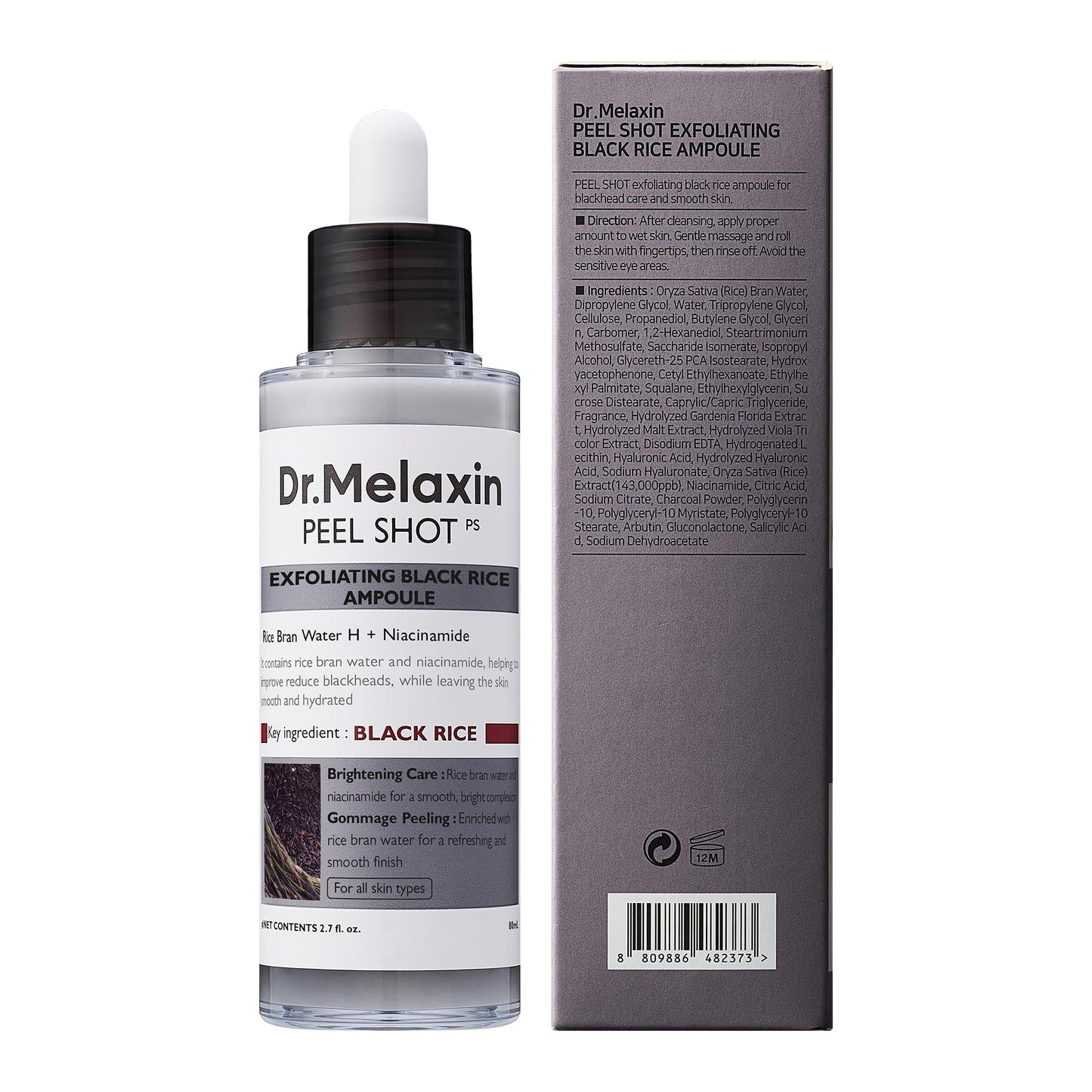 Dr.Melaxin Peel Shot Glow Black Rice Peeling Ampoule, Soft Exfoliating Face and Body Scrub Dead Skin Cells, Blackheads Remover for All Skin Types korean skin care 80ml