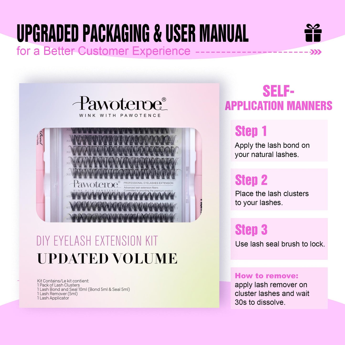 Pawotence Lash Extension Kit DIY 280pcs Individual 30D 40D Cluster, Eyelash Bond and Seal, Lash Remover & Tweezers for Self Use, Black (30D&40D, 9-16mm, All Kit)