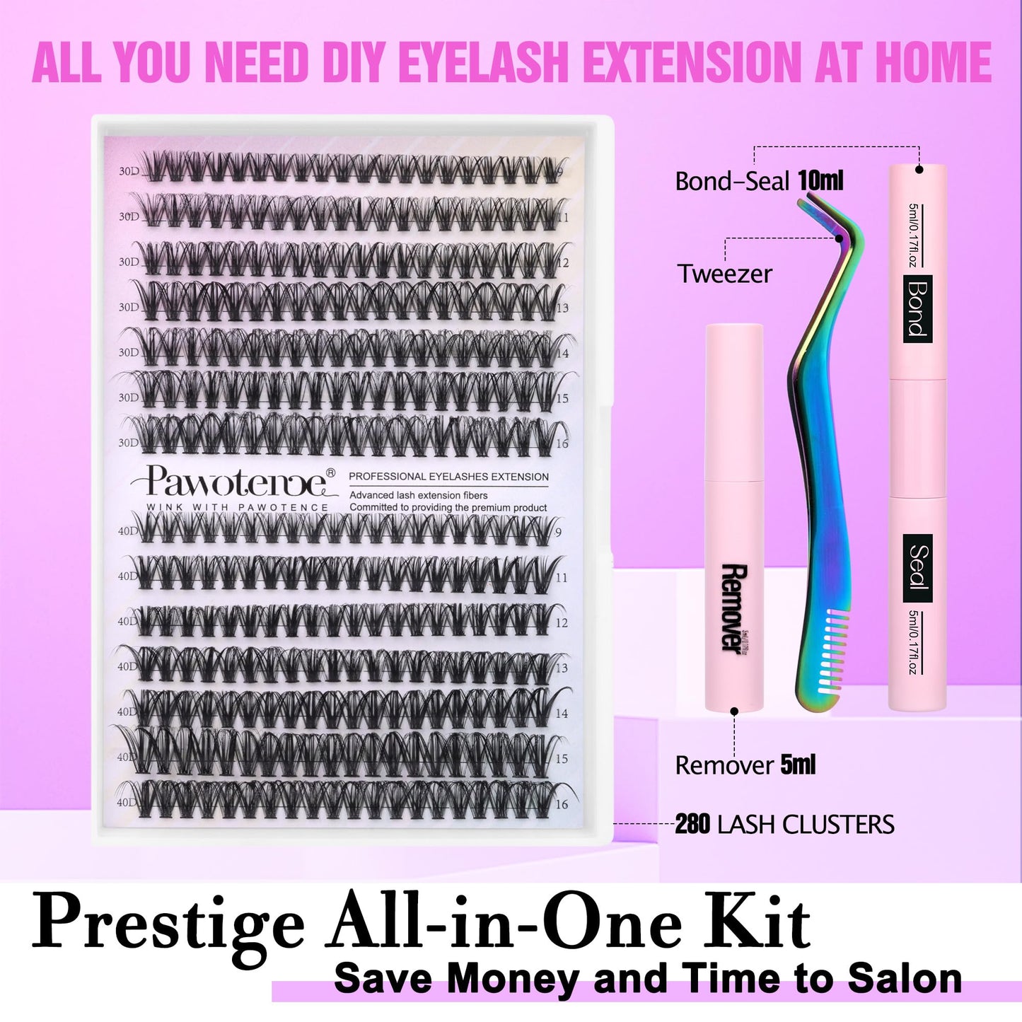 Pawotence Lash Extension Kit DIY 280pcs Individual 30D 40D Cluster, Eyelash Bond and Seal, Lash Remover & Tweezers for Self Use, Black (30D&40D, 9-16mm, All Kit)