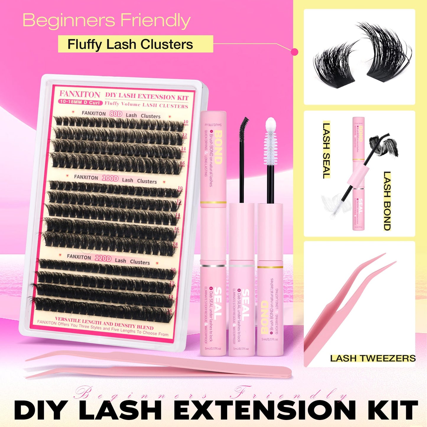 Lash Clusters Kit Thick Lash Extension Kit D Volume Lash Clusters 80D+100D+120D Eyelash Clusters 10-18mm Eye Wispy Individual Lashes with Bond and Seal