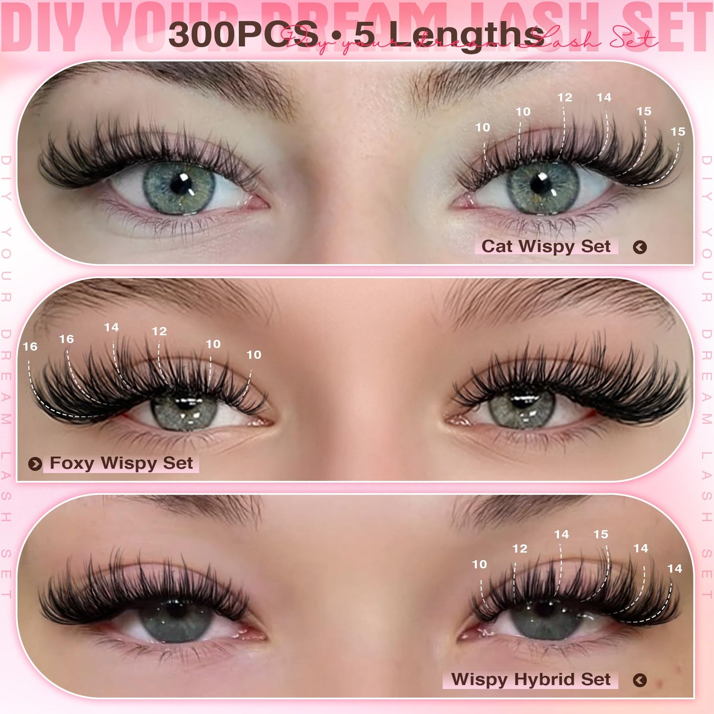 Goddvenus Lash Clusters Kit Wispy Eyelash Clusters Lashes Natural DIY Lash Extension Kit 10-16mm Cluster Eyelash Extensions Kit 300pcs C Curl Individual Lashes Cluster Eyelash (No Tweezers)