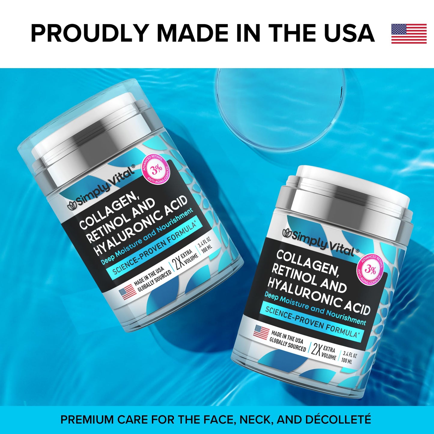 SimplyVital Collagen, Retinol & Hyaluronic Acid Cream - Anti-Aging Retinol Cream for Face, Neck & Décolleté - Made in USA - Daily Moisturizer Face Cream - 3.38 fl oz