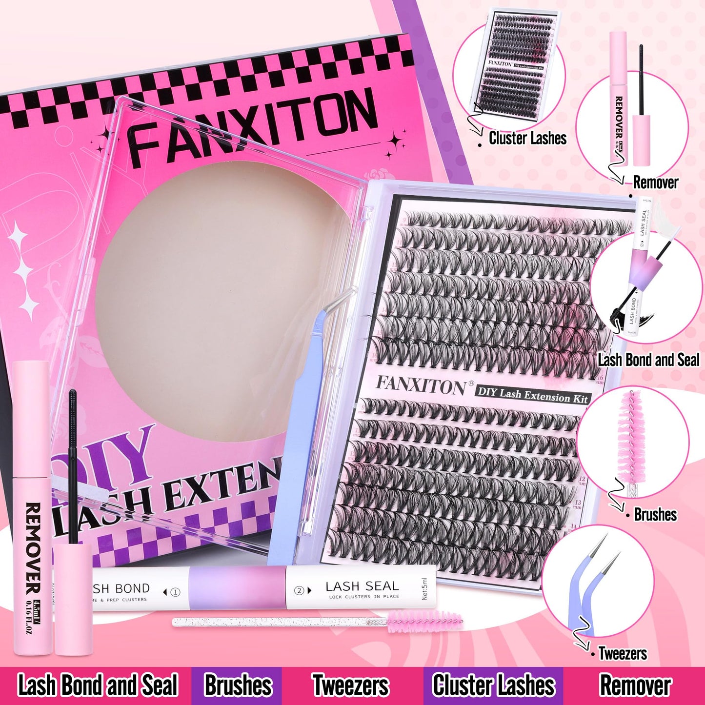 DIY Lash Extension Kit Natural Lash Clusters 30D+40D Mix 9-16 mm D lndividual Lashes Lash Remover 280 pcs Wispy Eyelash Extension Kit with Lash Bond and Seal and Lash Tweezers by FANXITON