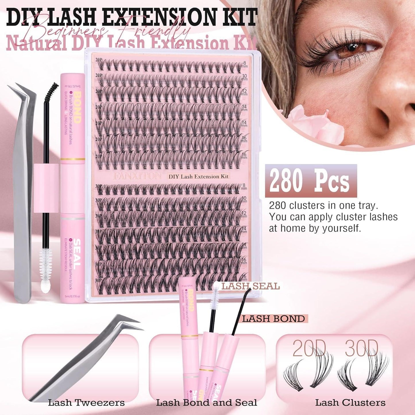 Natural DIY Lash Extension Kit Wispy Lash Clusters D Individual Lashes 20D+30D 280Pcs Lash Clusters Kit 8-16mm Eyelash Extension Kit by FANXITON