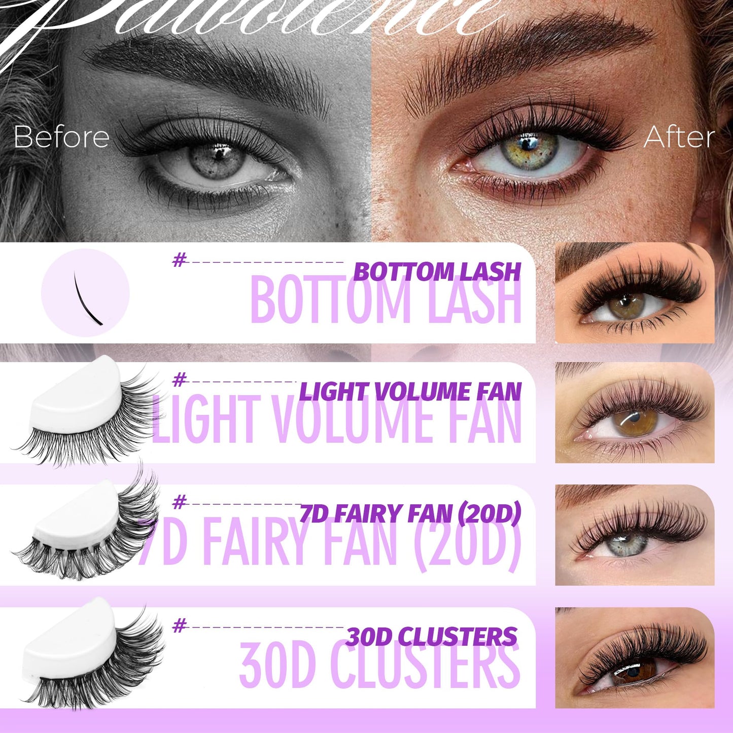 Pawotence Lash Extension Kit Lash Clusters Multi-types Individual Lashes Natural Bottom, Light Volume, 20D 30D Clusters Eyelash Extension Kit with Lash Bond and Seal, Lash Applicator for Self Use