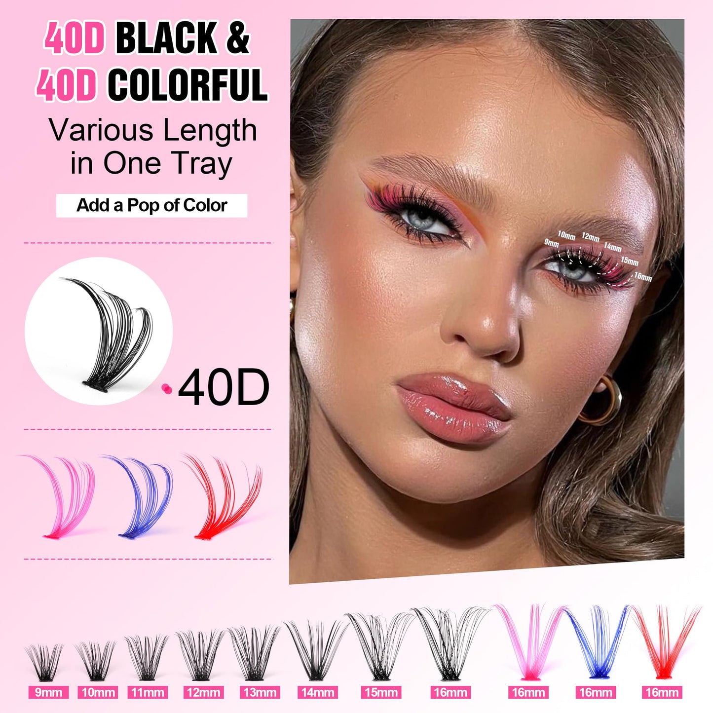 Pawotence Lash Extension Kit DIY Individual Lash Clusters Eyelash Extension Kit 9-16mm Lash Clusters Colored with Lash Bond and Seal, Lash Tweezers for Self Application (40D, 9-16mm, Color Kit)