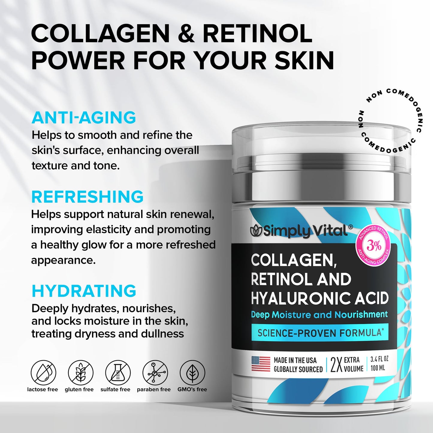 SimplyVital Collagen, Retinol & Hyaluronic Acid Cream - Anti-Aging Retinol Cream for Face, Neck & Décolleté - Made in USA - Daily Moisturizer Face Cream - 3.38 fl oz