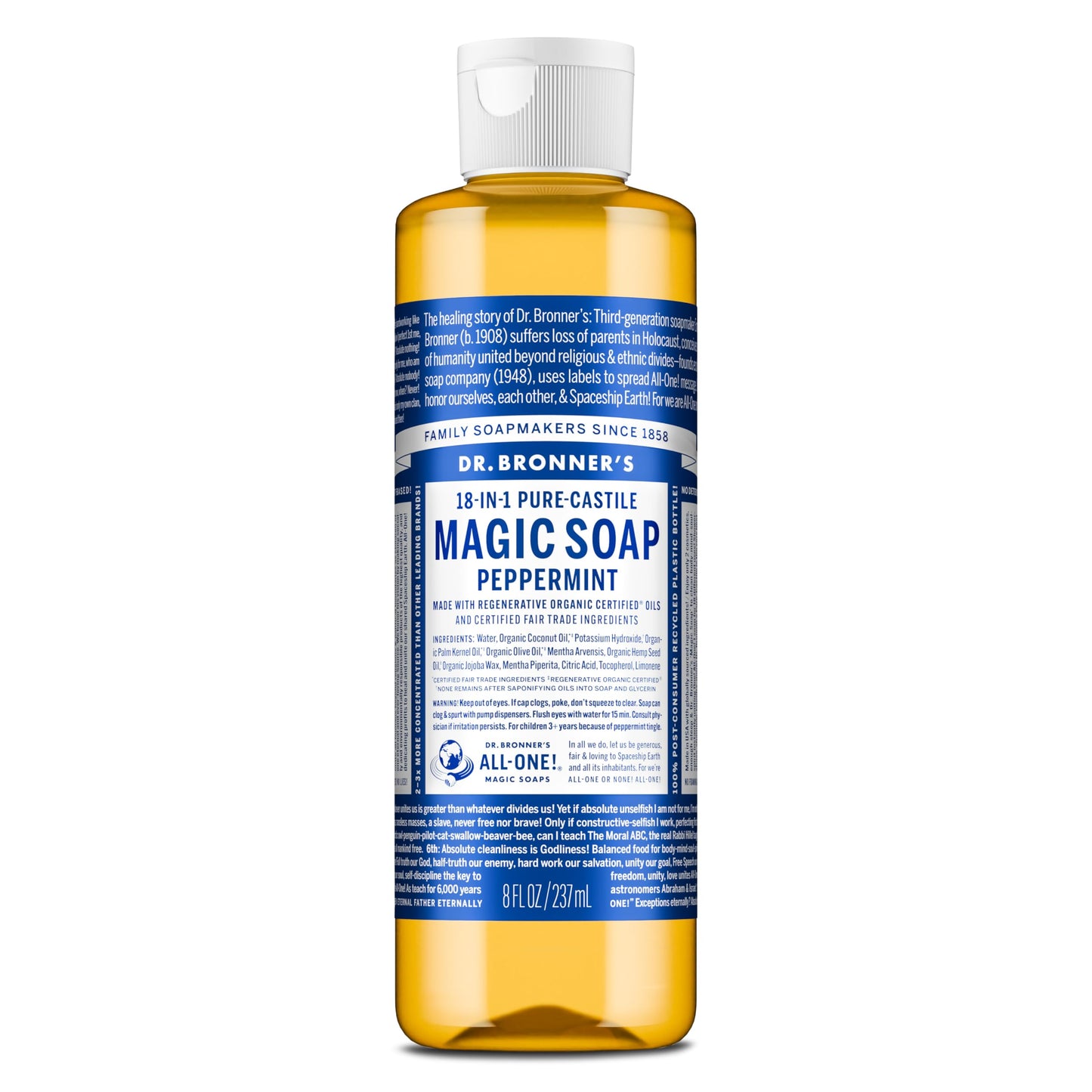 Dr. Bronner's Pure-Castile Magic Liquid Soap (Peppermint, 8 Ounce)- Made with Organic Oils, 18-in1 Uses: Face, Hair, Hand & Body Soap, Laundry, Pets- Concentrated, Vegan, Non-GMO