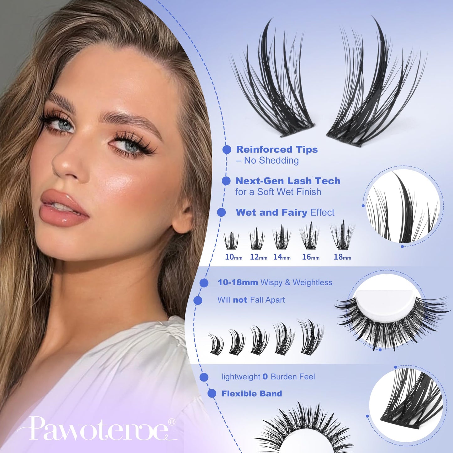Pawotence Fairy Lash Clusters Kit Eyelash Clusters 10-18mm Wispy Lashes Clusters Eyelash Extension Kit 144pcs Natural Individual Lashes with Lash Bond and Seal, Tweezers, DIY Lash Extension Kit