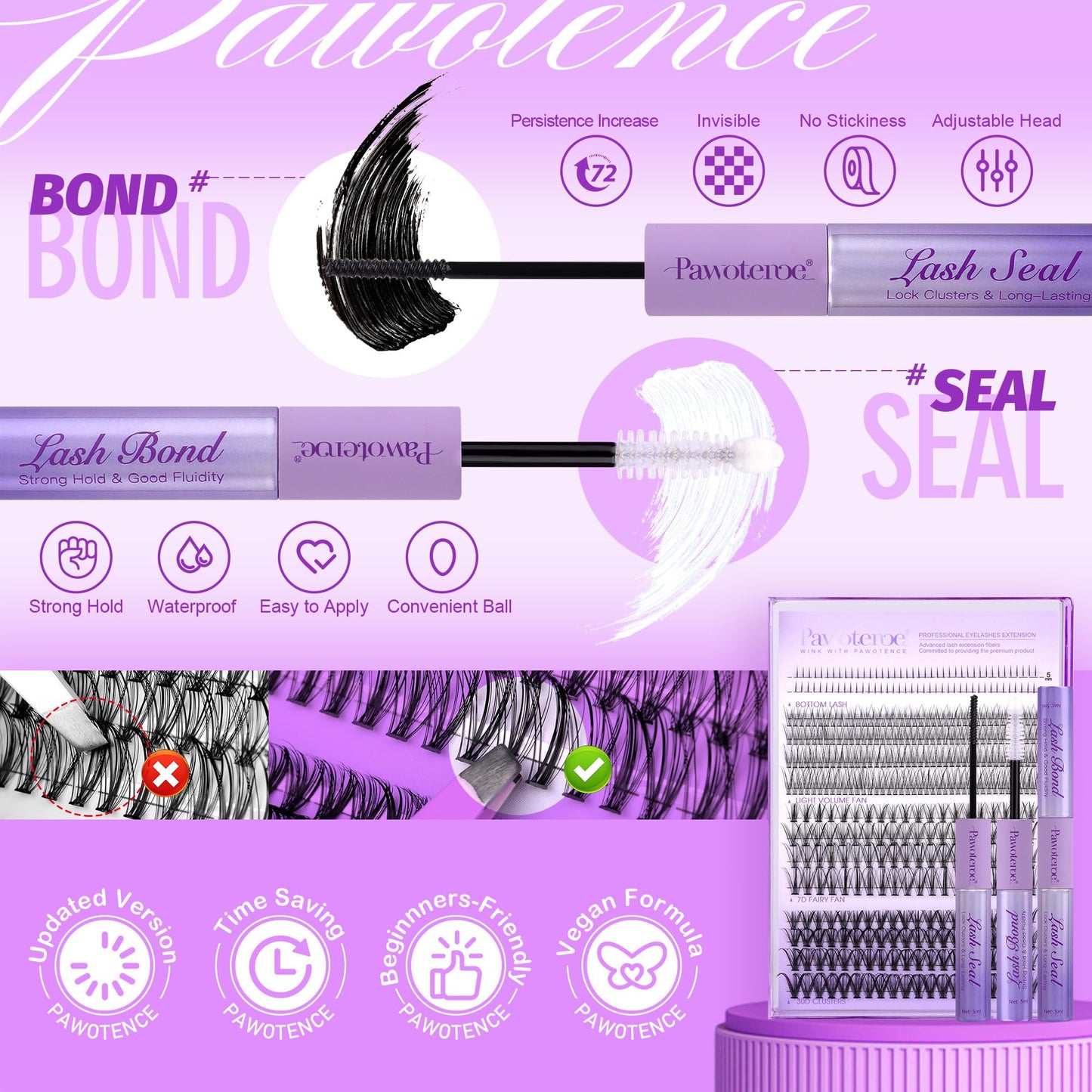 Pawotence Lash Extension Kit Lash Clusters Multi-types Individual Lashes Natural Bottom, Light Volume, 20D 30D Clusters Eyelash Extension Kit with Lash Bond and Seal, Lash Applicator for Self Use