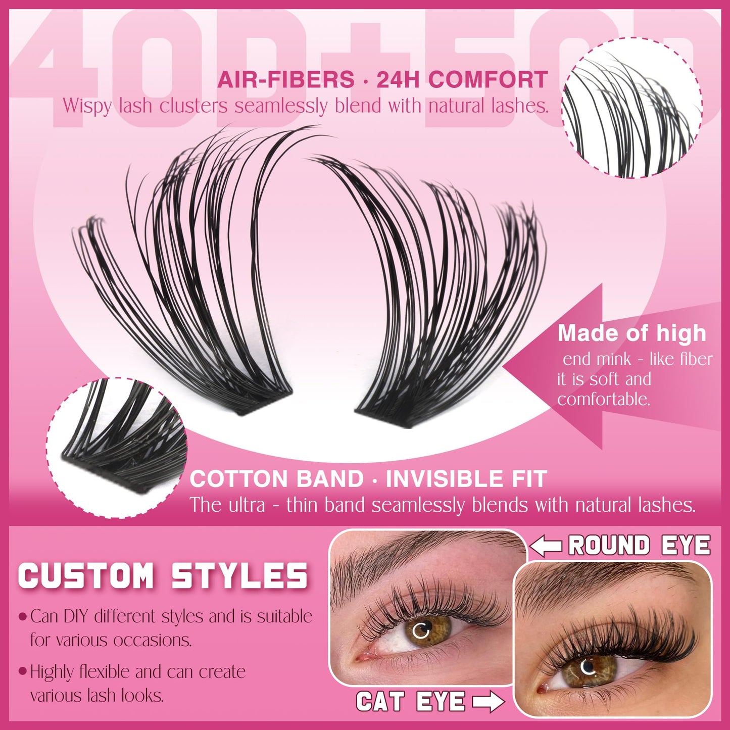 Cluster Lashes 240 pcs Wispy Lash Clusters D Natural Eyelashes Extensions 14-16mm Mix 40D+50D Individual Lashes with Lash Bond and Seal Tweezers Thin Band Eyelashes Cluster for DIY Lash Extension