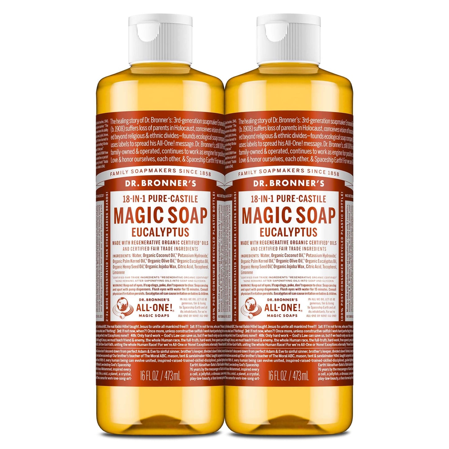 Dr. Bronner's Magic Soap - Pure-Castile Liquid Soap (Eucalyptus, 16 ounce, 2-Pack) -Regenerative Organic Certified Oils, 18-in-1 Uses: Body, Hair, Laundry, Pets & Dishes, Concentrated, Vegan, Non-GMO