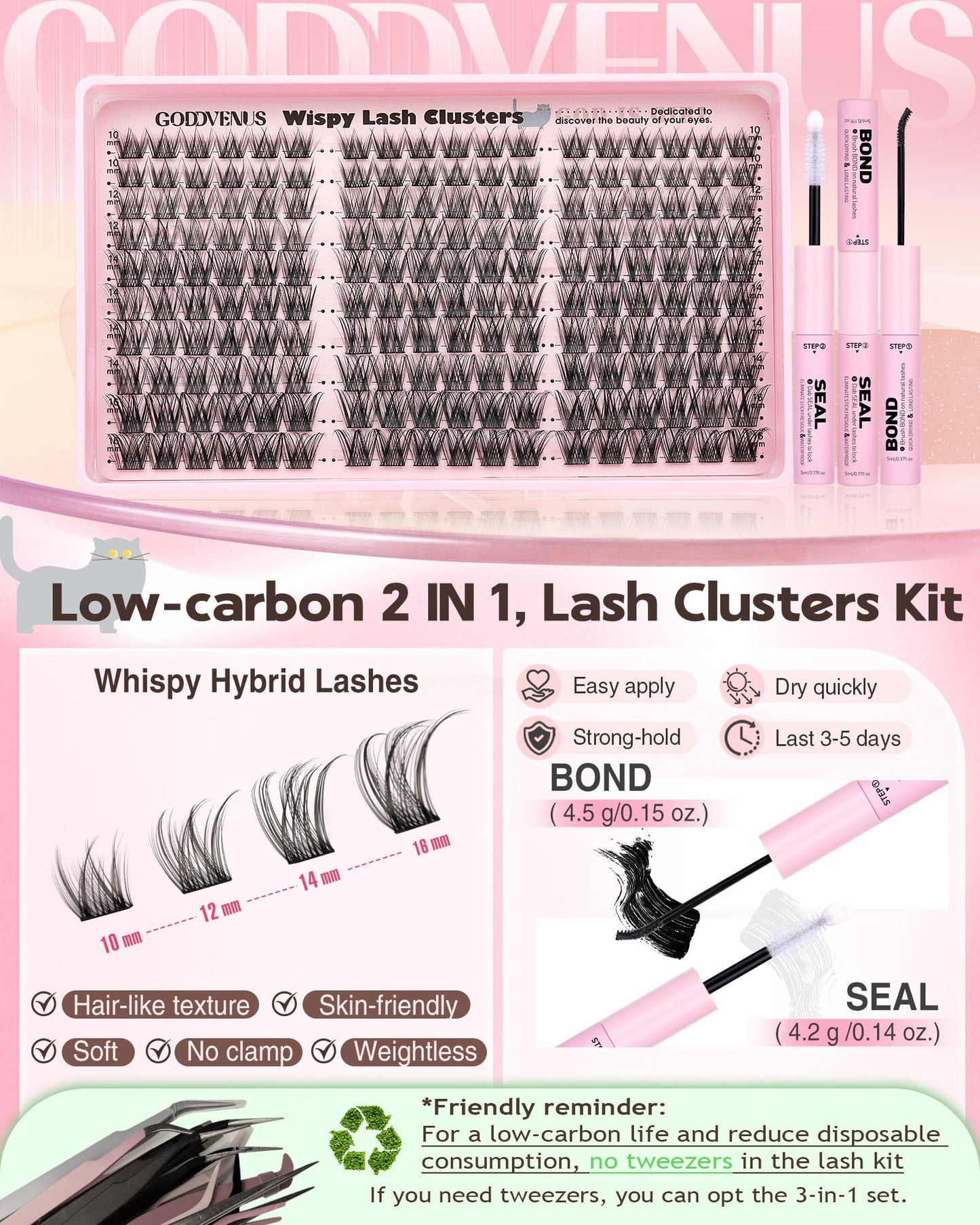 Goddvenus Lash Clusters Kit Wispy Cluster Eyelash Extensions Kit Natural DIY Lash Extension Kit 10-16mm Eyelashes Clusters 180pcs C Curl Individual Lashes Cluster Eyelash (No Tweezers)