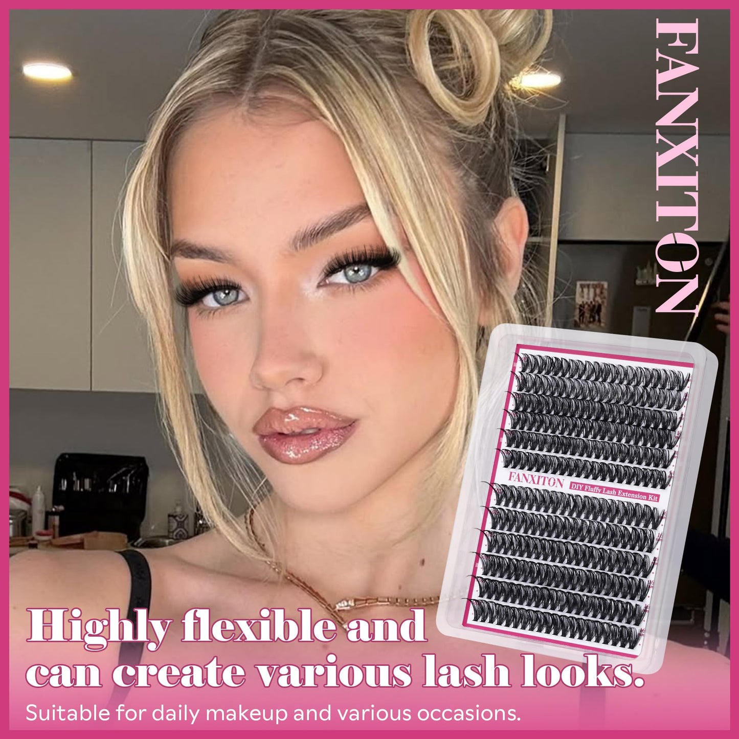 FANXITON Cluster Lashes 50D Lash Clusters D Natural Eyelashes Extensions 14-16mm Mix Individual Lashes Thin Band Lash Bond and Seal Tweezers Eyelashes Cluster for DIY Lash Extension