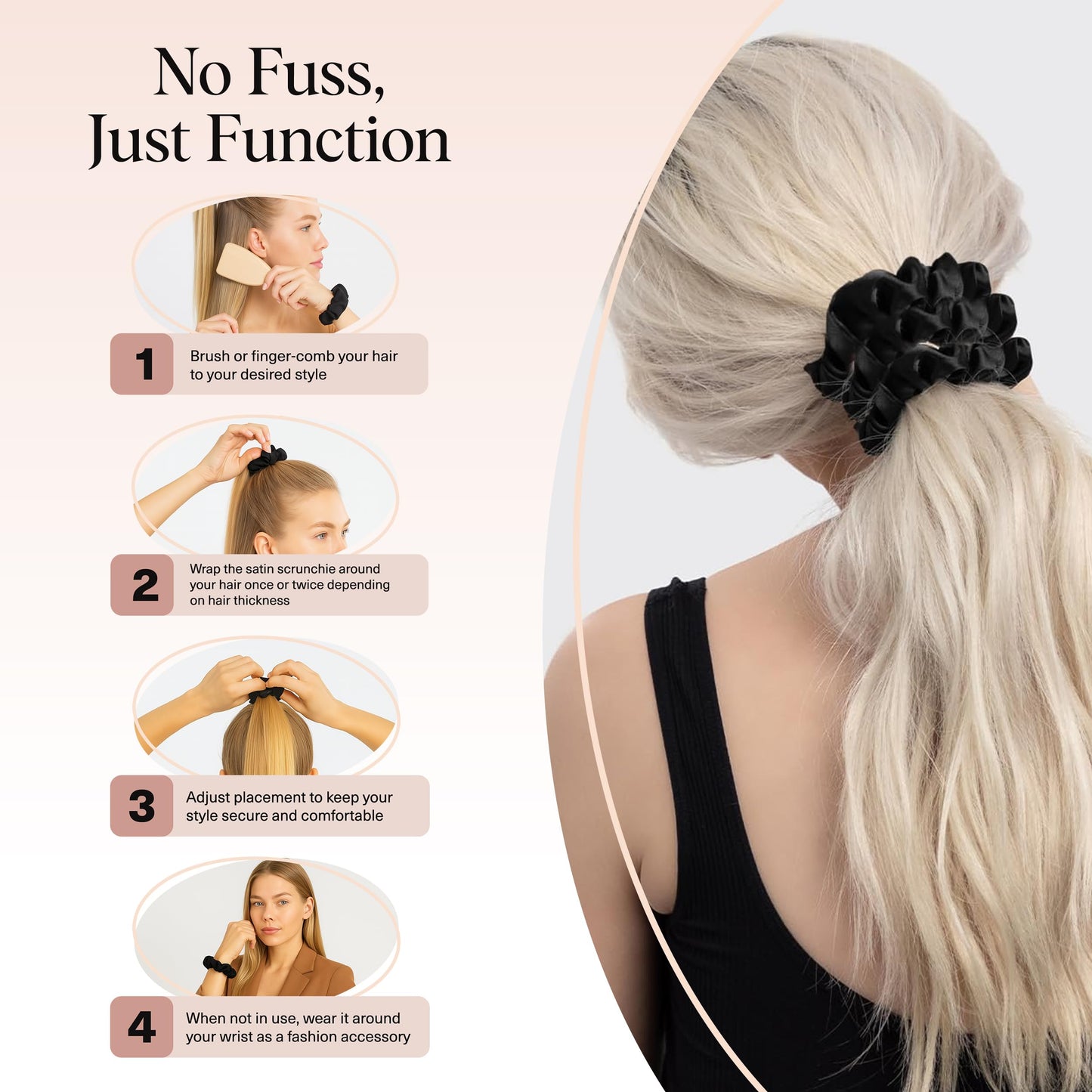 Kitsch Satin Scrunchies for Women – No Crease Hair Ties – Soft Satin Hair Scrunchies for Girls – Frizz Free, Gentle, Stylish Hair Accessories – Black, 5 pcs