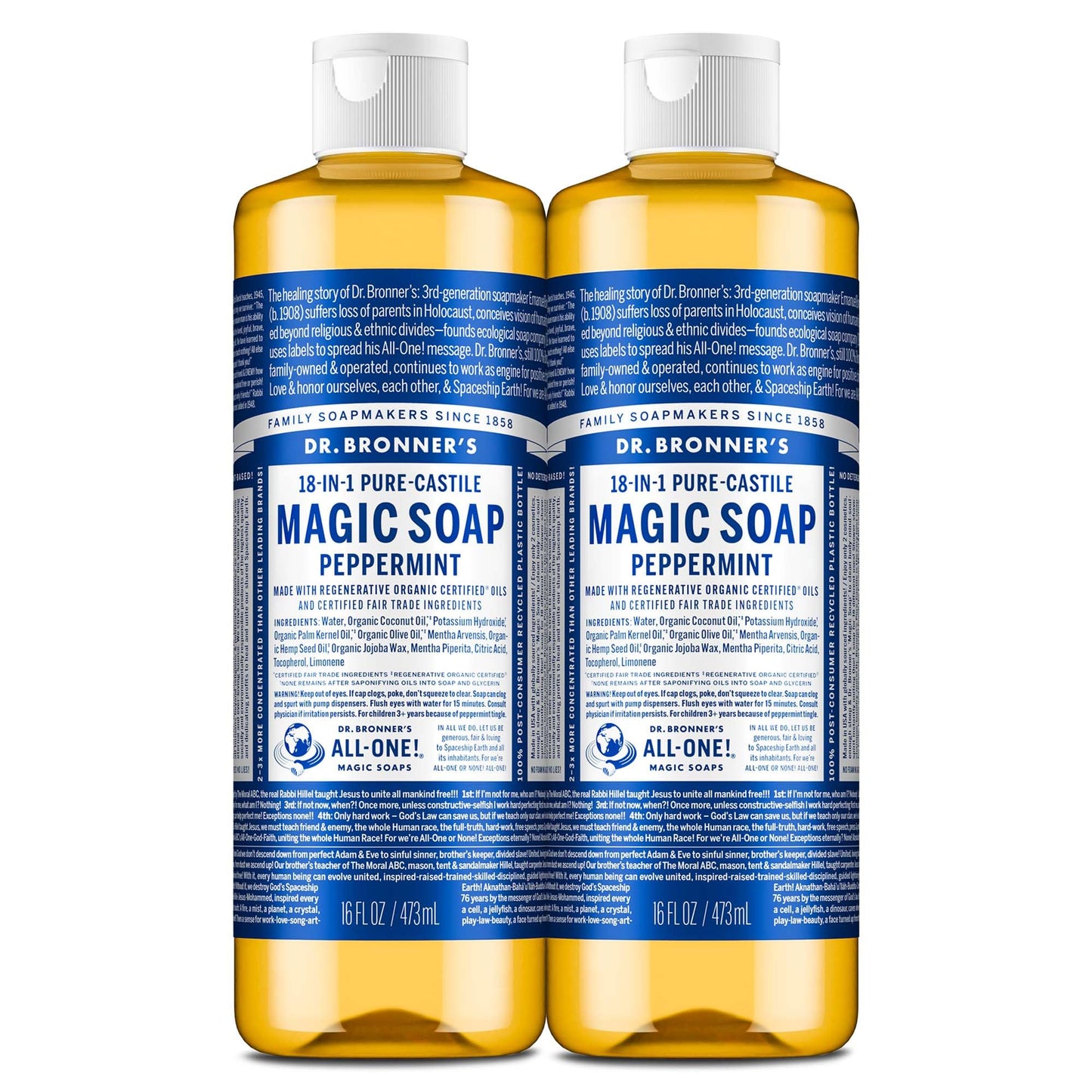 Dr. Bronner's Magic Soap-Pure-Castile Liquid Soap (Peppermint, 16 ounce, 2-Pack)-Regenerative Organic Certified Oils, 18-in-1 Uses: Body, Hair, Laundry, Pets & Dishes, Concentrated, Vegan, Non-GMO