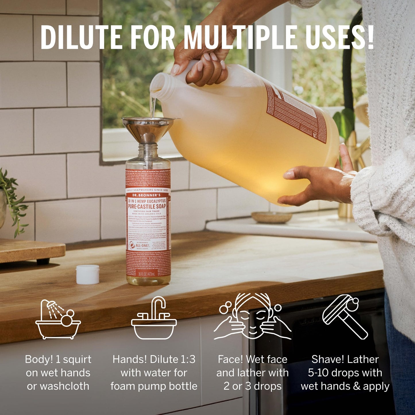 Dr. Bronner's Pure-Castile Magic Soap Liquid (Eucalyptus, 1 Gallon) - Made with Regenerative Organic Certified Oils, 18-in-1 Uses: Face, Body, Hair, Laundry, Pets and Dishes, Concentrated, Vegan