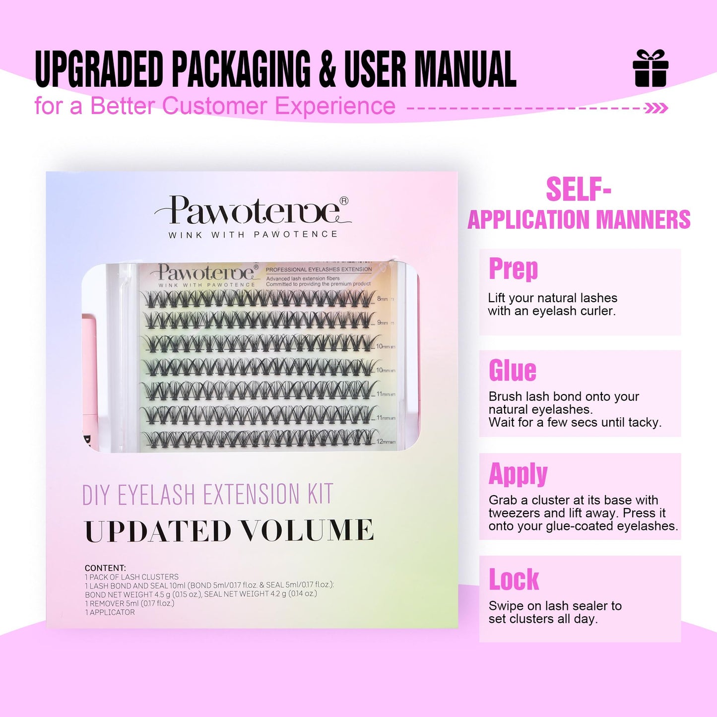 Pawotence Lash Extension Kit DIY 280pcs Individual Lash Clusters Kit 30D Cluster Eyelash Extensions Kit with Lash Bond and Seal, Lash Remover, Lash Tweezers for Self Use (30D, 8-15mm, All Kit)