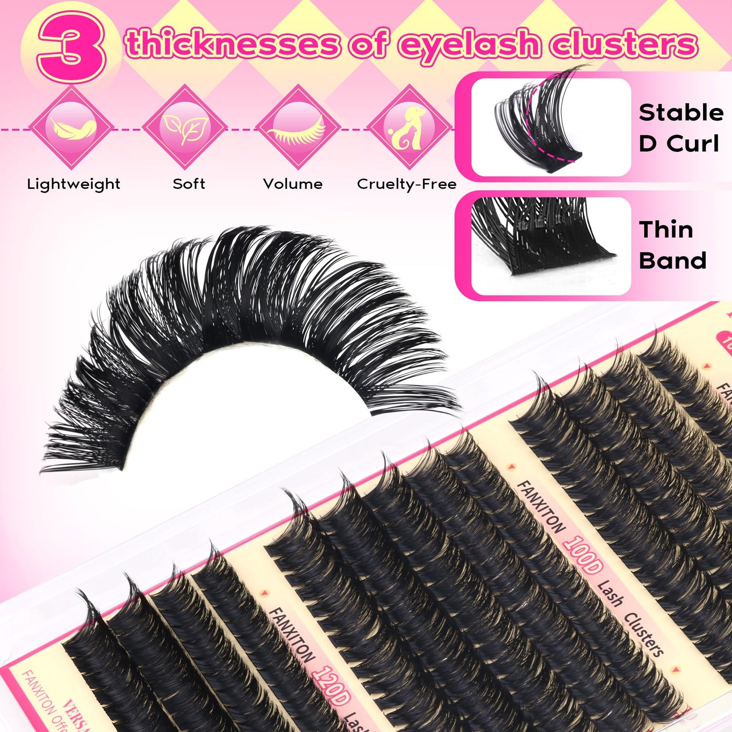D Lash Clusters Kit Thick Lash Extension Kit Volume Lash Clusters 80D+100D+120D Eyelash Clusters Kit 10-18mm Individual Lashes with Bond and Seal by FANXITON