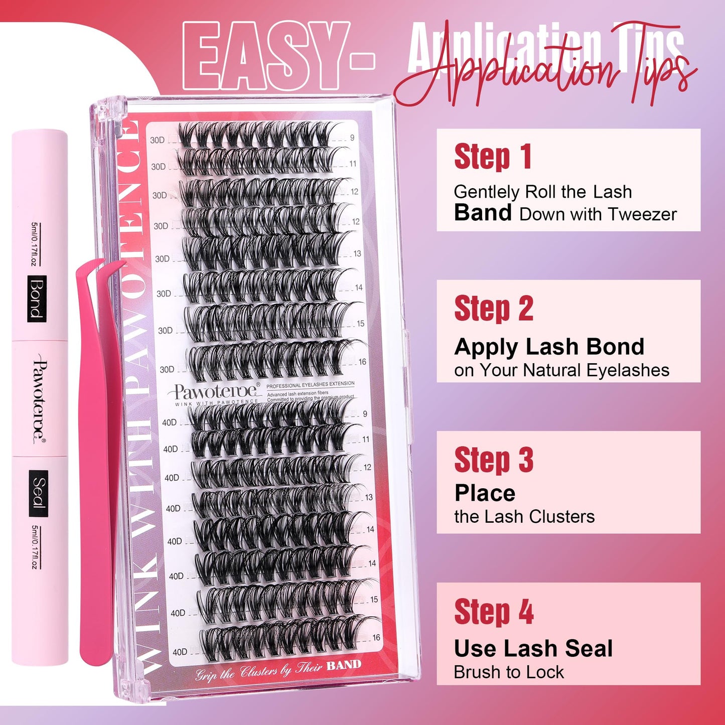 Pawotence Lash Extension Kit Individual Lash Clusters Kit 9-16mm 30D 40D Cluster Eyelash Extensions Kit with Lash Bond and Seal, Lash Tweezers for Self Use (30D&40D, 0.07D, 9-16mm, Portable Kit)