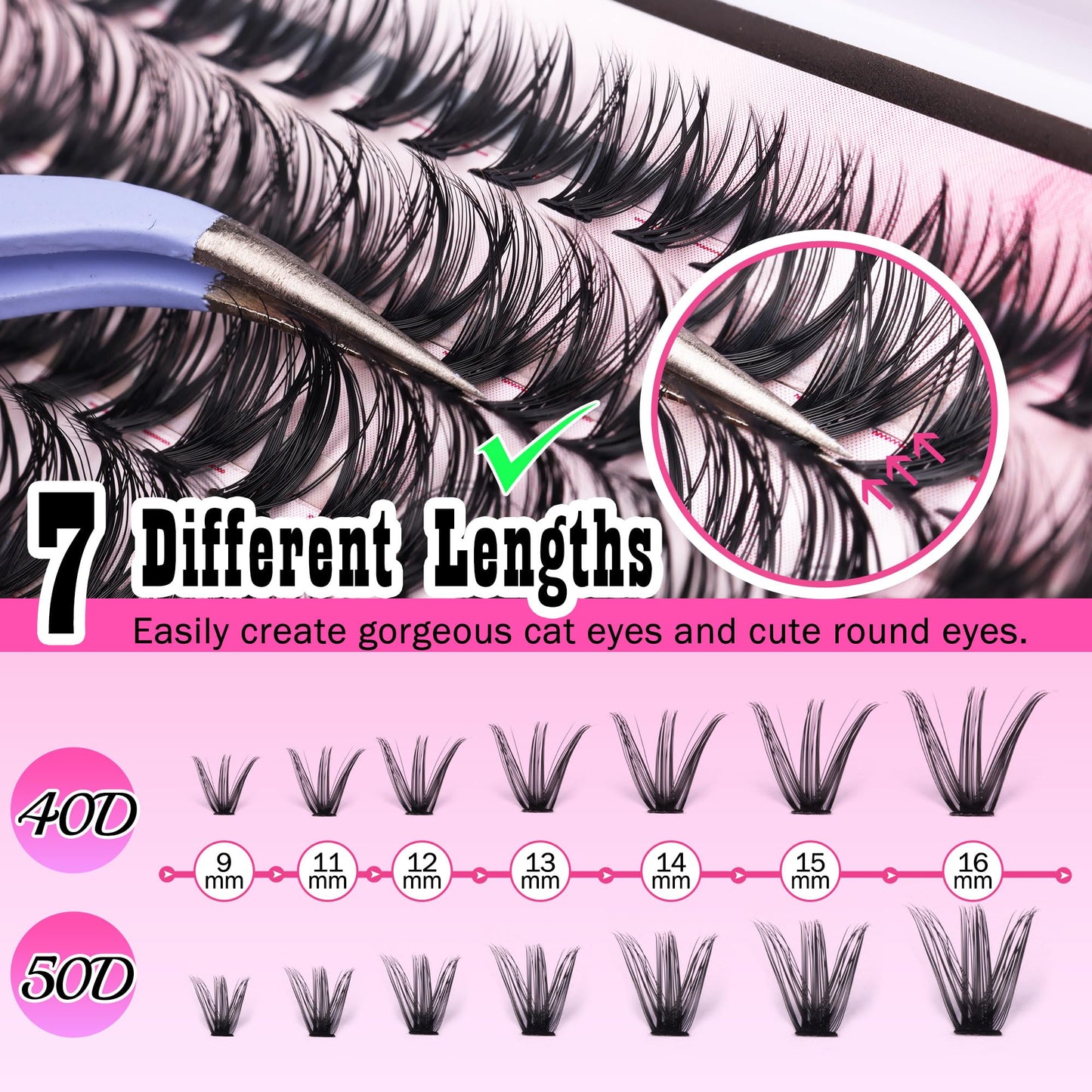 FANXITON DIY Lash Extension Kit Volume Lash Clusters 40D+50D D Curvature Individual Lashes Lash Clusters Kit Thick Eyelash Extension Kit 280 pcs Thin Band Cluster Lashes Lash Bond and Seal Tweezers