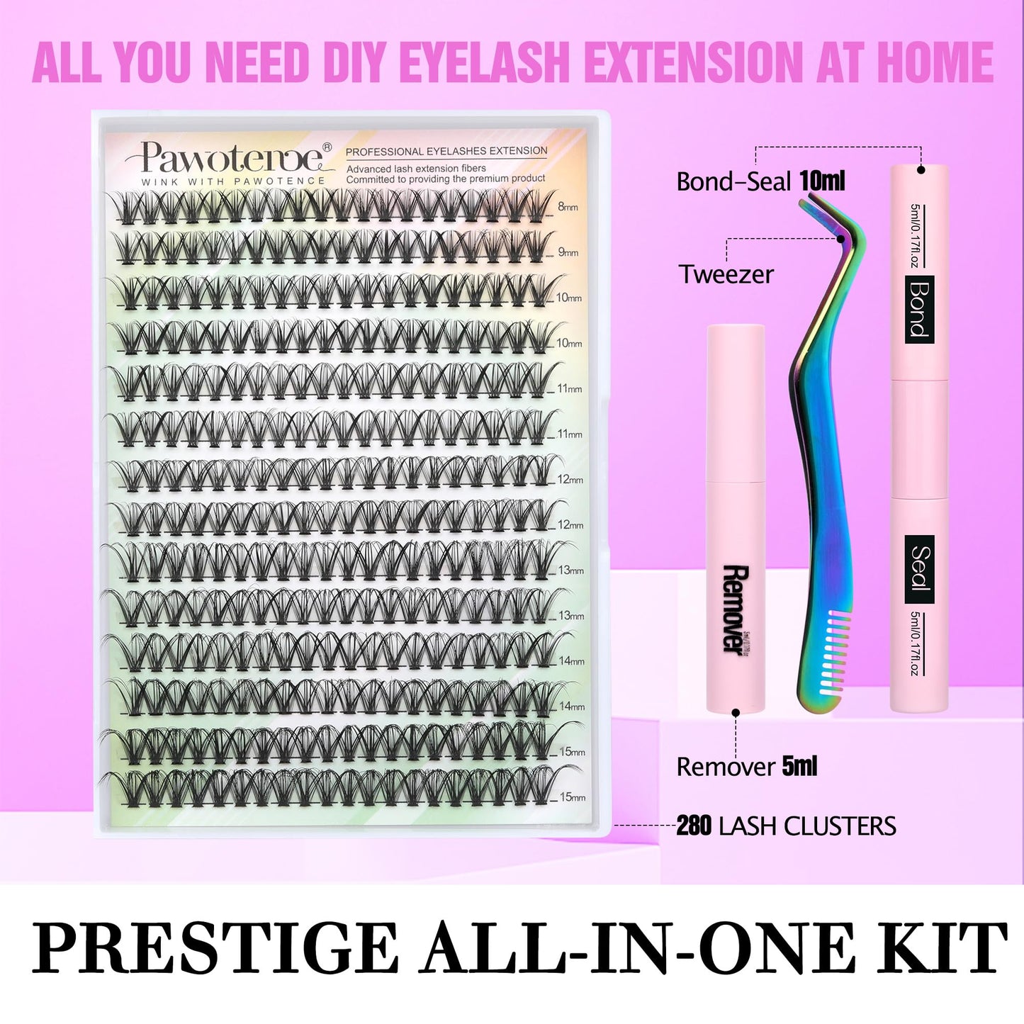 Pawotence Lash Extension Kit DIY 280pcs Individual Lash Clusters Kit 30D Cluster Eyelash Extensions Kit with Lash Bond and Seal, Lash Remover, Lash Tweezers for Self Use (30D, 8-15mm, All Kit)