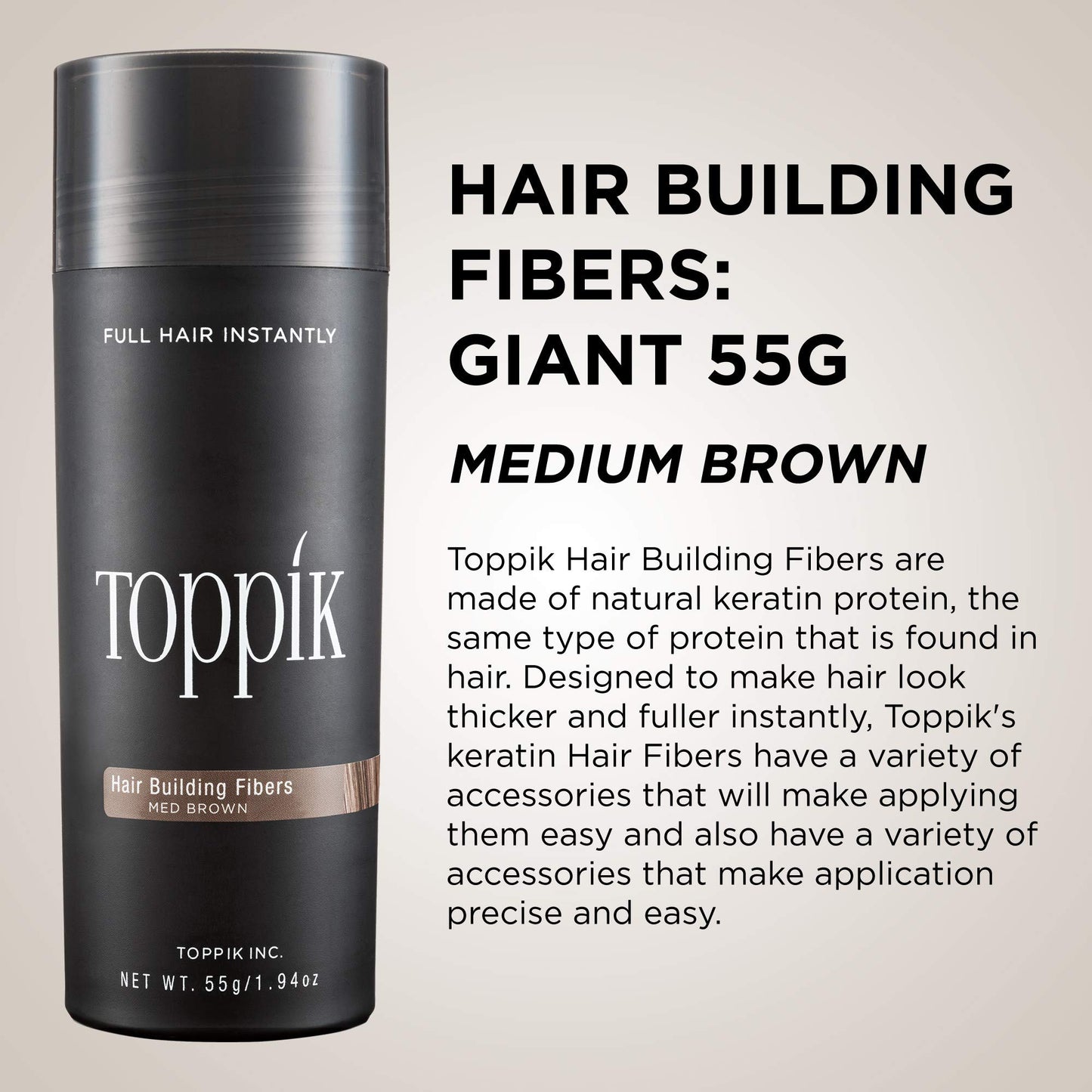 Toppik Hair Building Fibers, Medium Brown, 55g Fill In Fine or Thinning Hair, Instantly Thicker, Fuller Looking, 9 Shades for Men & Women, Keratin Protein Formula