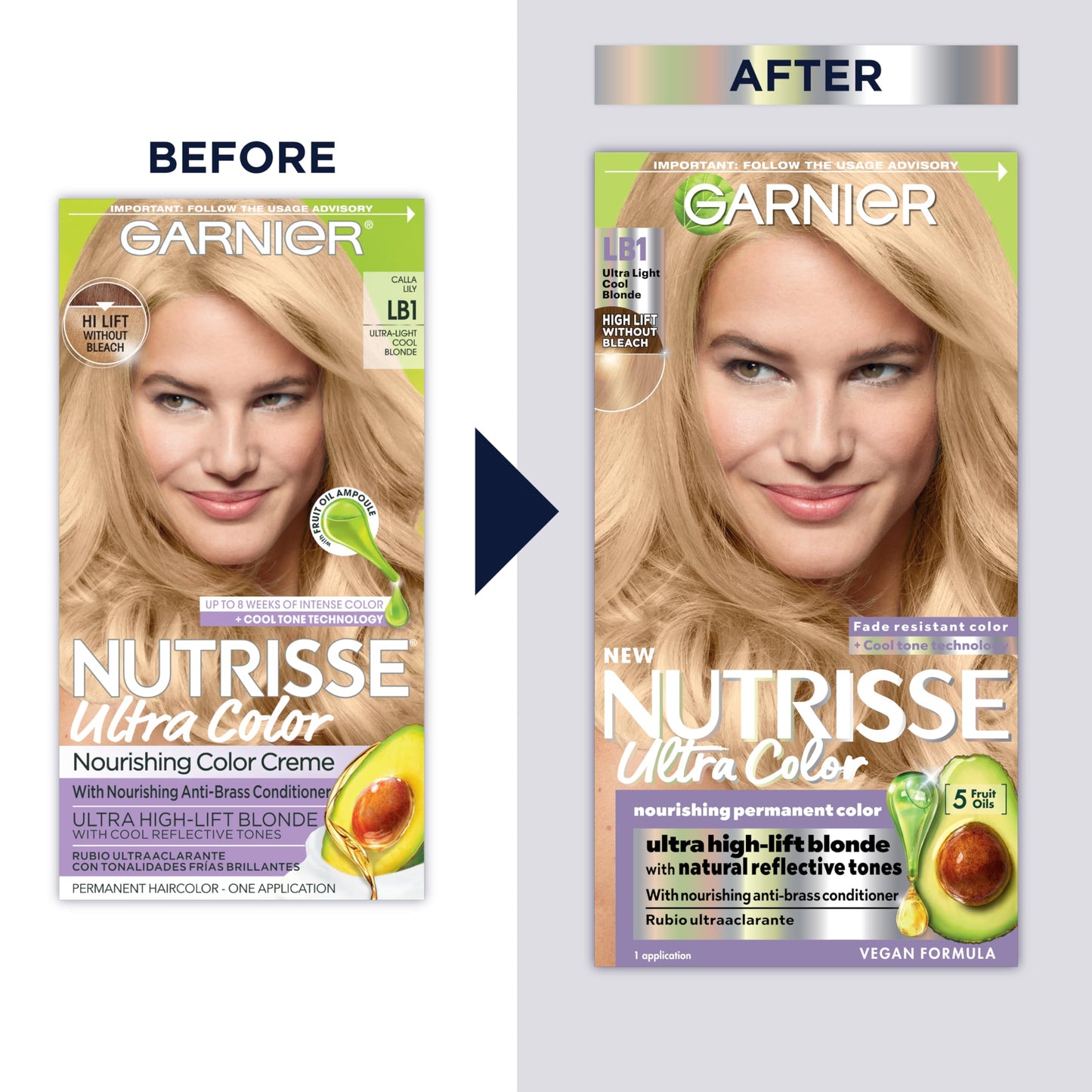 Garnier Hair Color Nutrisse Ultra Color Nourishing Creme, LB1 Ultra Light Cool Blonde (Calla Lily) Permanent Hair Dye, 1 Count (Packaging May Vary)