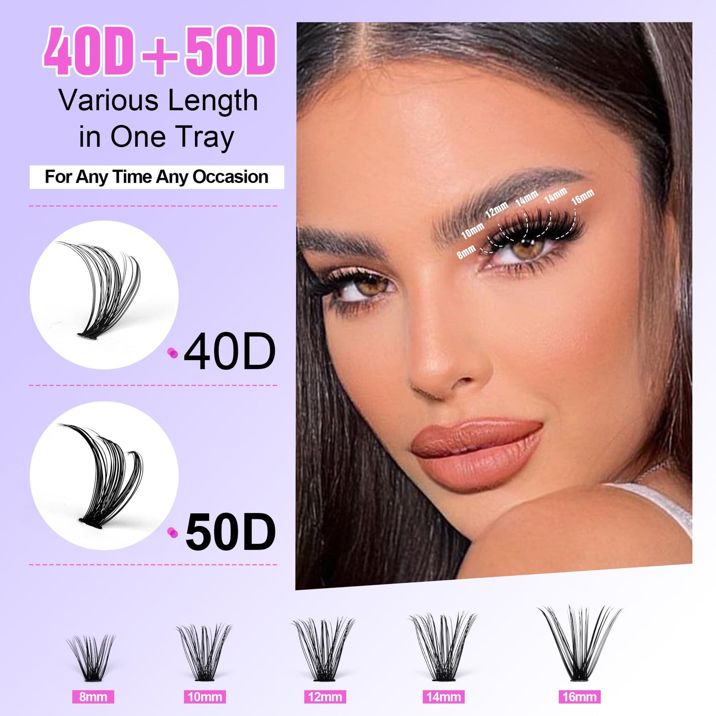Pawotence Lash Extension Kit Individual Lash Clusters Kit 40D 50D Eyelash Extension Kit 8-16mm Eyelash Clusters with Lash Bond and Seal, Lash Tweezers for Beginners (40D&50D, 0.07D, 8-16mm, Kit)