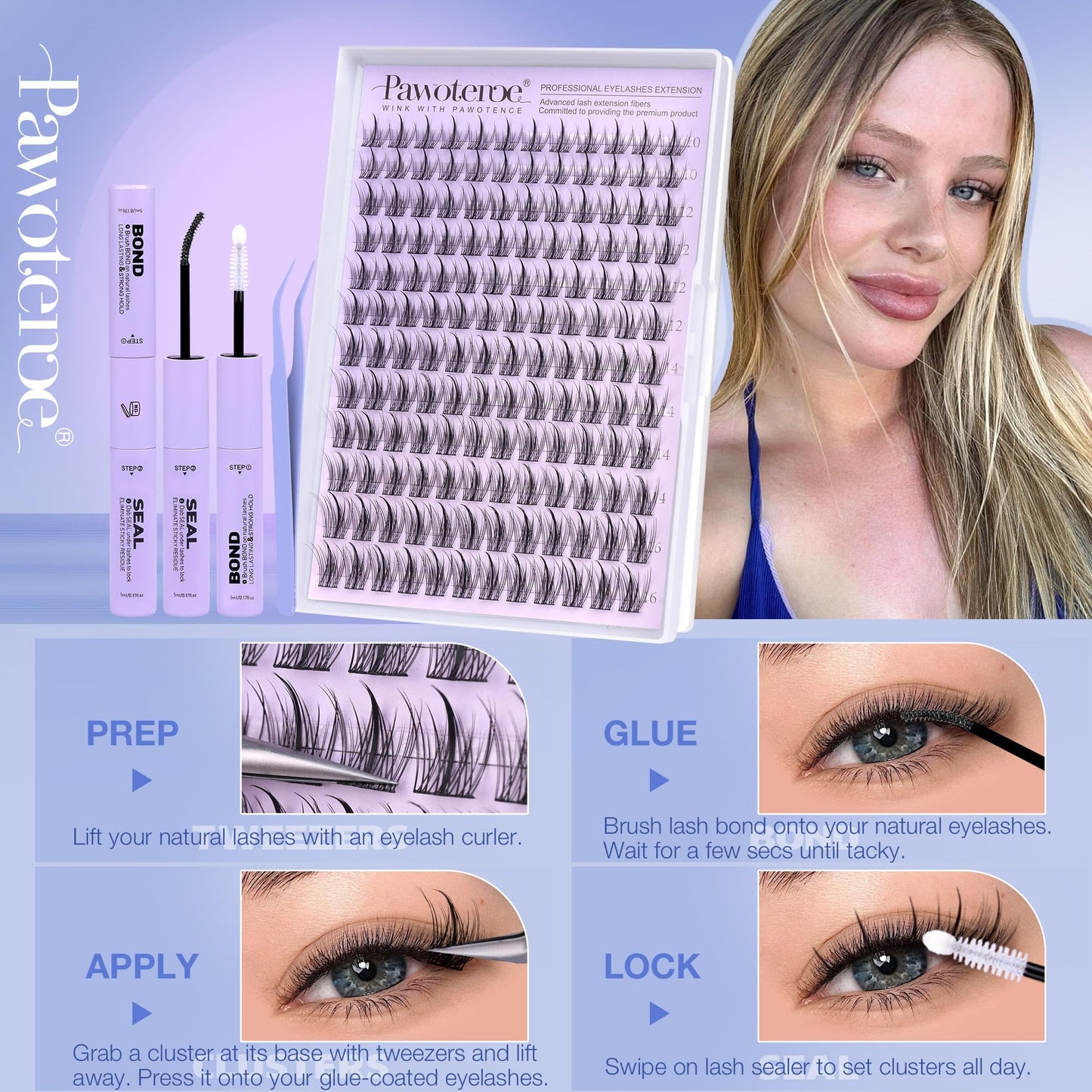 Pawotence Natural Lash Clusters Kit Eyelash Clusters 10-16mm Fairy Cluster Lashes Extension Kit Individual Lashes Cluster Wispy with Lashes Cluster Glue, Tweezers for Cluster Eyelash Extensions Kit