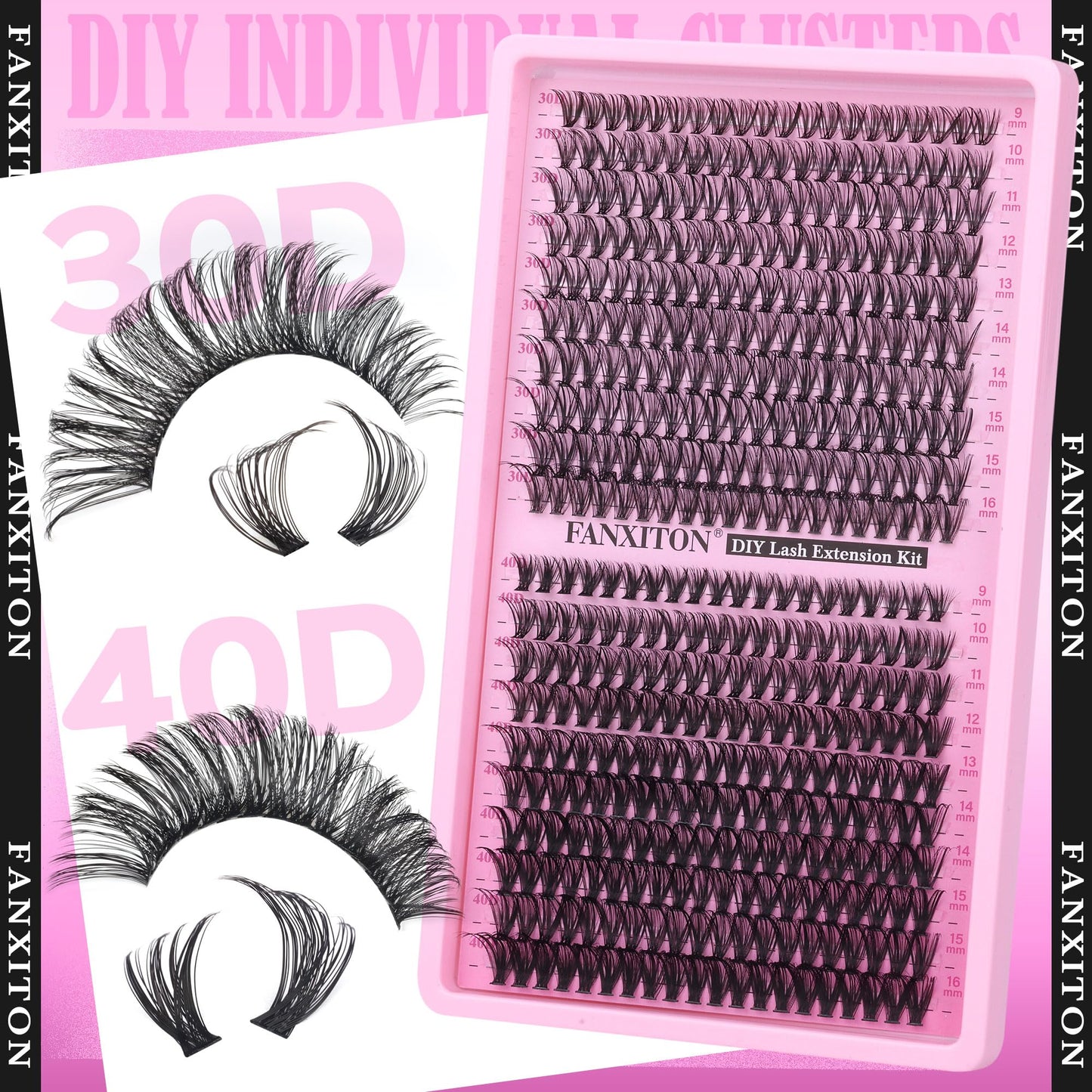 Natural Lash Cluster Kit Thick Eye Lash Clusters Natural Look 30D+40D D 8-16mm Lash Extension Kit Wispy Eyelash Clusters Volume Individual Lashes with Lash Bond and Seal and Tweezers